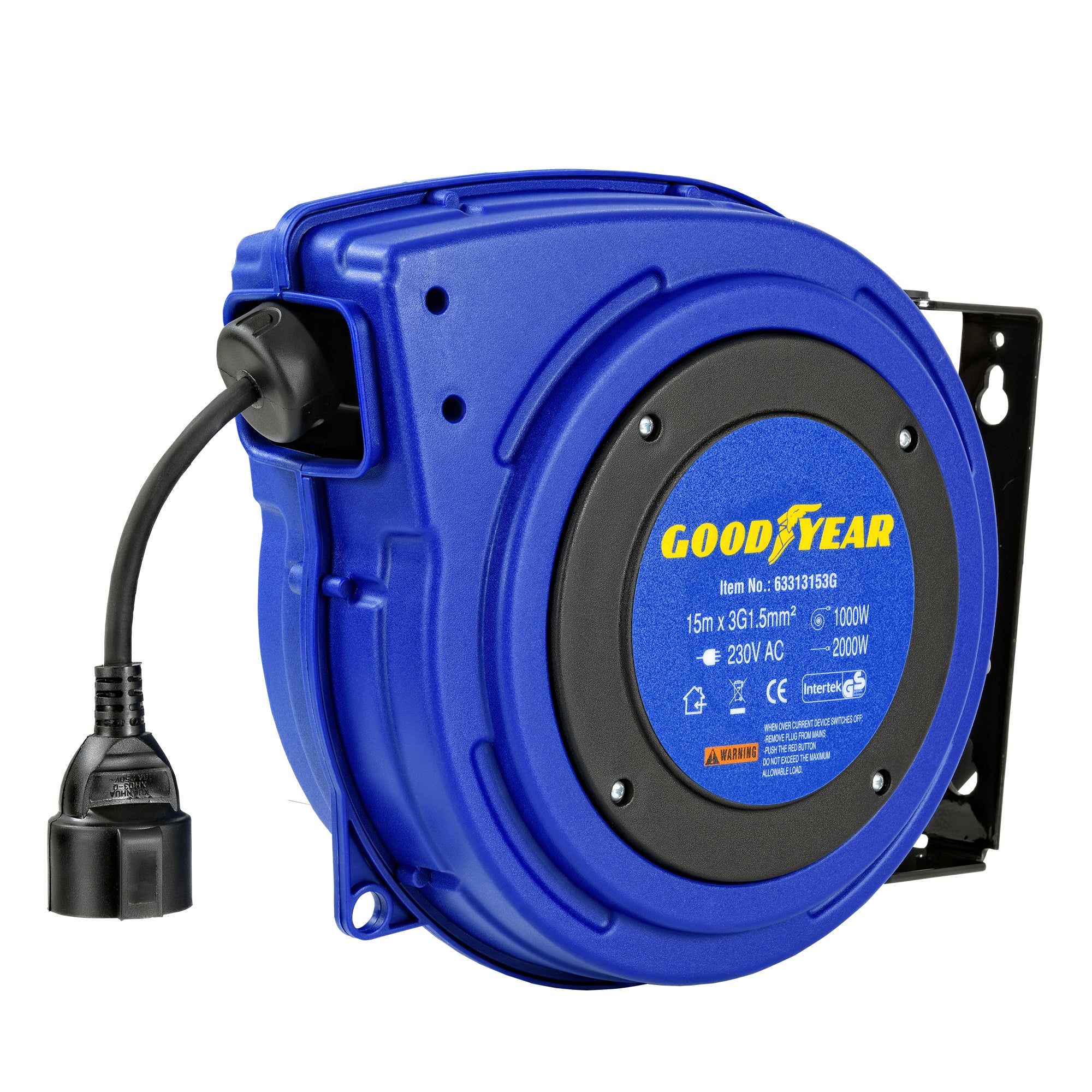 Goodyear Heavy Duty Extension Cable Reel: Retractable 15m x 3G1.5mm2 H07RN-F, UK Plug Type 230V AC, 8.6A 1000W Wound/2000W Unwound