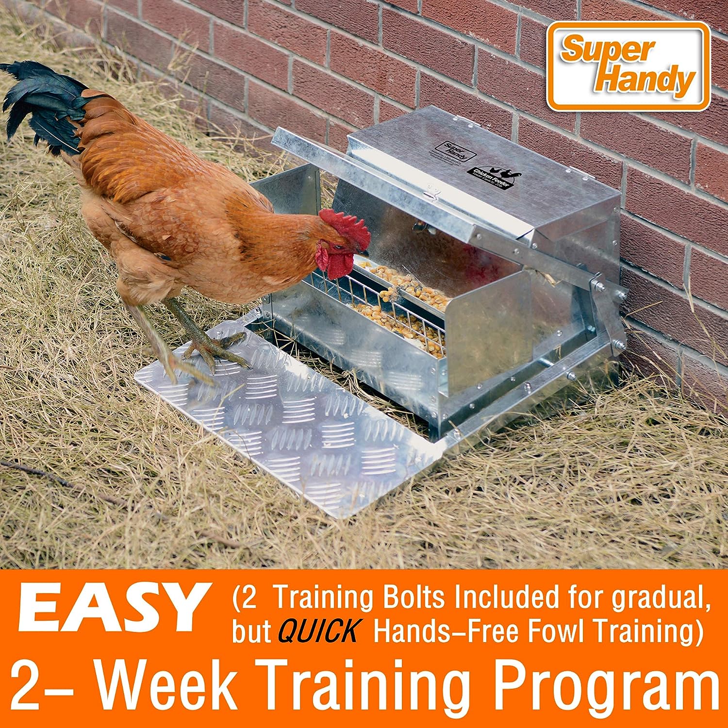 SuperHandy Chicken Feeder Automatic 20lbs (9kg) Capacity Trough Feeds 6-12 Poultry/Fowl Up to 10 Days Keeps Dry with Spill Proof Galvanized Steel Bird Prevention for Chickens, Pheasants, or Roosters