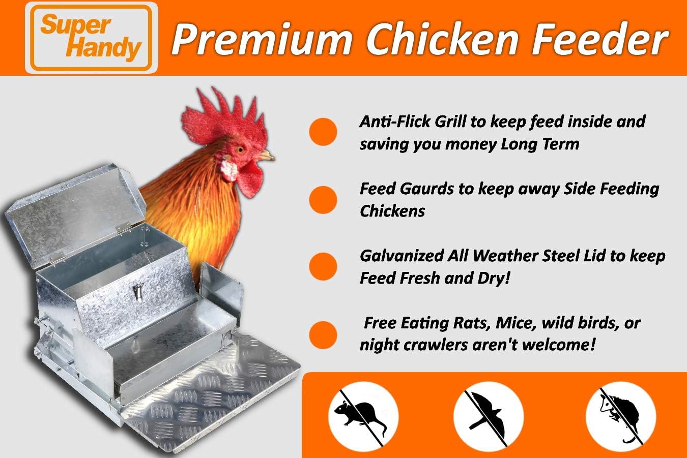 SuperHandy Chicken Feeder Automatic 20lbs (9kg) Capacity Trough Feeds 6-12 Poultry/Fowl Up to 10 Days Keeps Dry with Spill Proof Galvanized Steel Bird Prevention for Chickens, Pheasants, or Roosters
