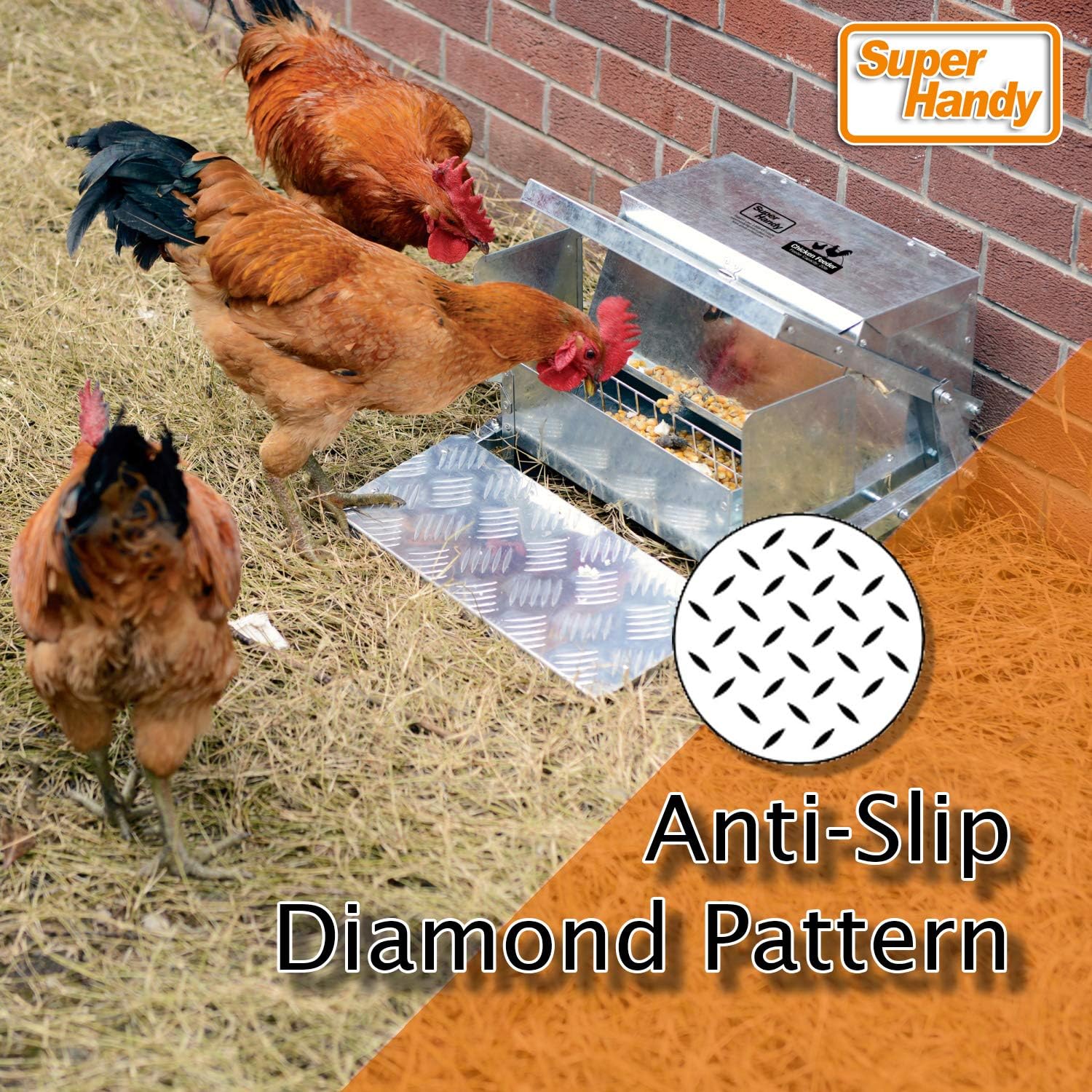 SuperHandy Chicken Feeder Automatic 20lbs (9kg) Capacity Trough Feeds 6-12 Poultry/Fowl Up to 10 Days Keeps Dry with Spill Proof Galvanized Steel Bird Prevention for Chickens, Pheasants, or Roosters