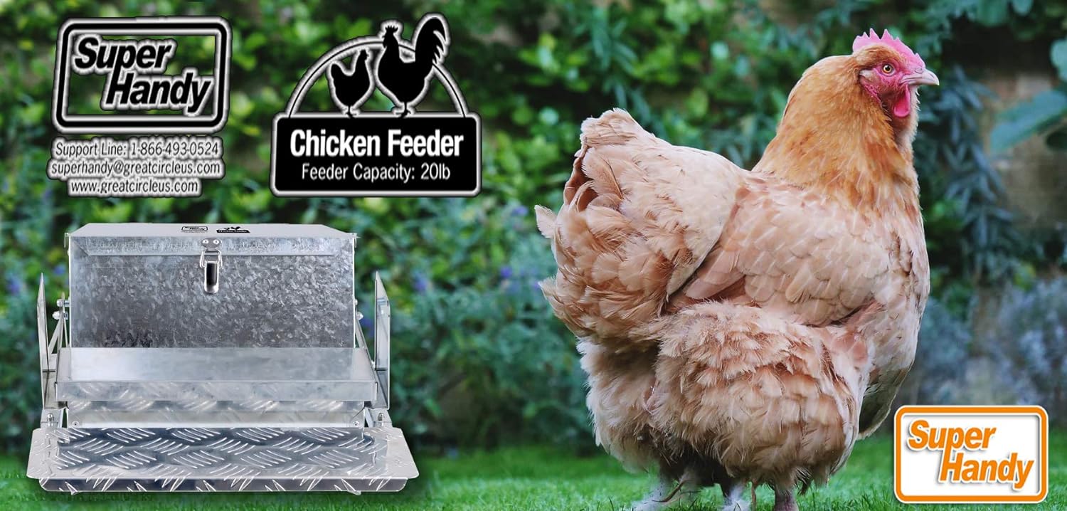 SuperHandy Chicken Feeder Automatic 20lbs (9kg) Capacity Trough Feeds 6-12 Poultry/Fowl Up to 10 Days Keeps Dry with Spill Proof Galvanized Steel Bird Prevention for Chickens, Pheasants, or Roosters