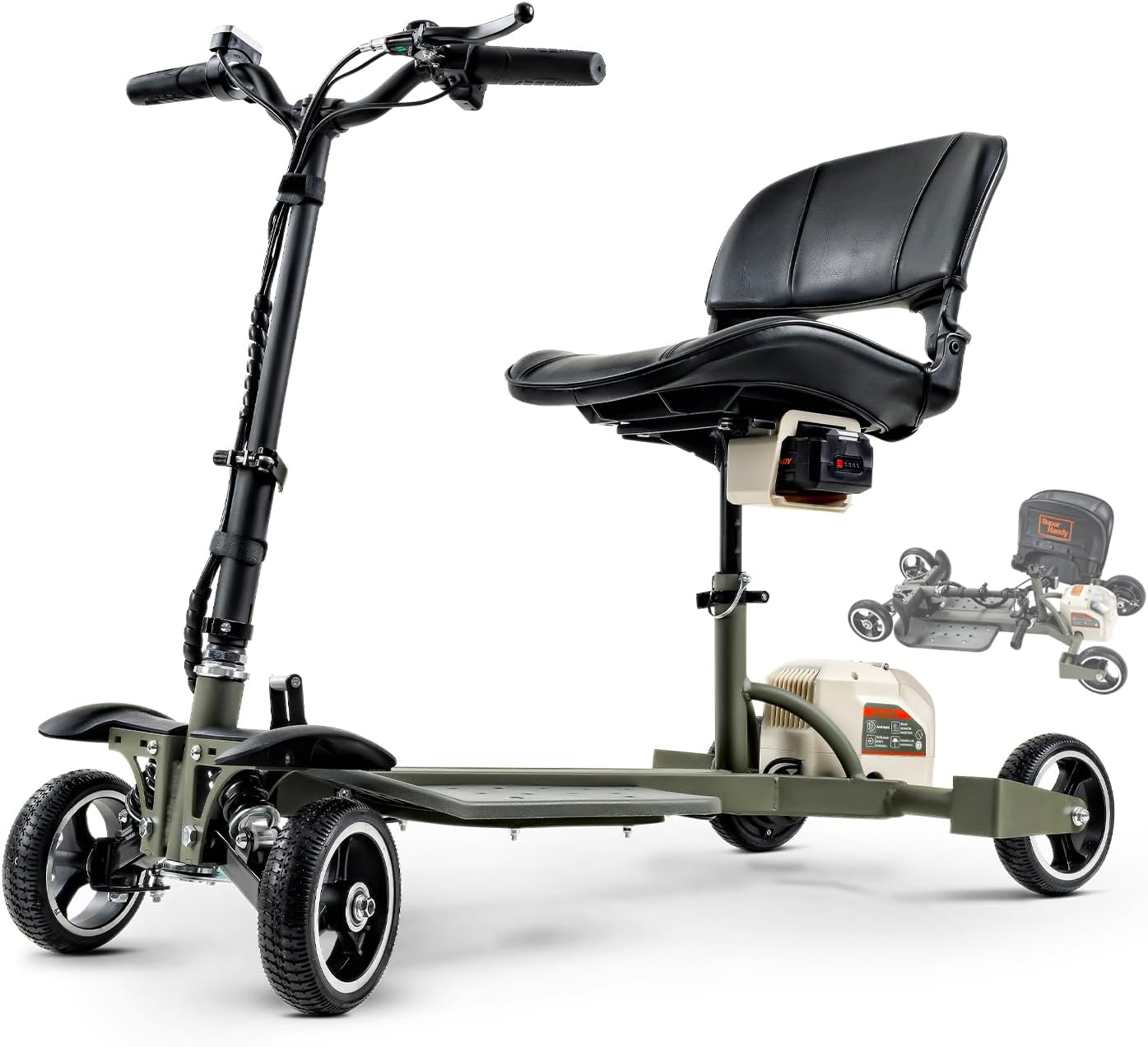 SuperHandy 4-Wheel Mobility Scooter - Lightweight, Foldable, 48V 2Ah Li-Ion Battery, Adjustable, Flat-Free Tires, 330lbs Capacity (Dark Green & Sand)