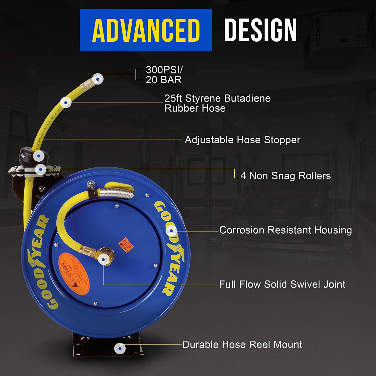 Goodyear Air Hose Reel Retractable 9.5mm x 7.6m 20BAR Max SBR Rubber Hose Heavy Duty Industrial Steel Single Arm Construction