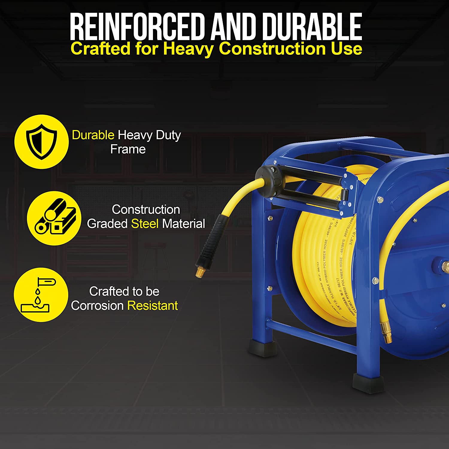 GOODYEAR Air-Hose-Reel Retractable 3/8" Inch x 100 Feet 300 Psi / 20 Bar Spring Driven Steel Elite Portable Quad Pod Heavy Duty Industrial Longest Premium Commercial Flex Hybrid Polymer - Great Circle UK
