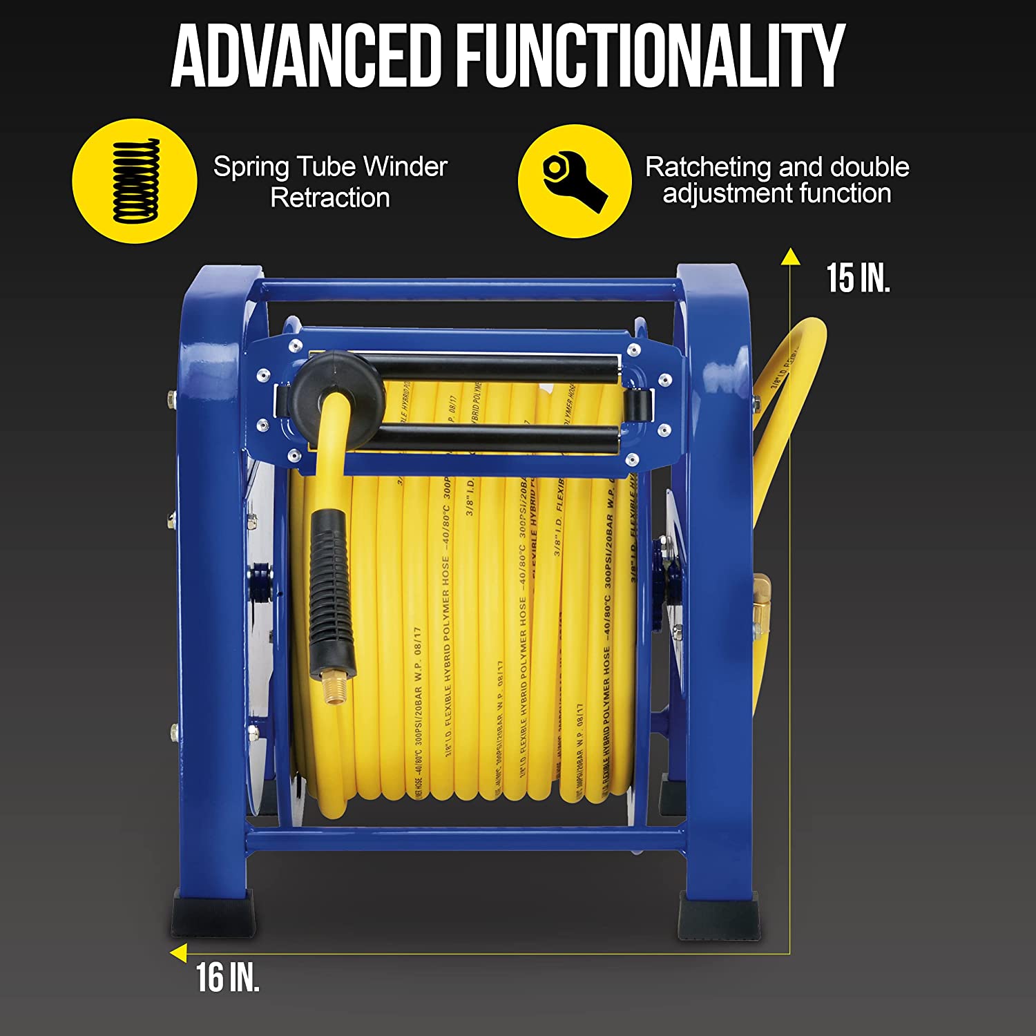 GOODYEAR Air-Hose-Reel Retractable 3/8" Inch x 100 Feet 300 Psi / 20 Bar Spring Driven Steel Elite Portable Quad Pod Heavy Duty Industrial Longest Premium Commercial Flex Hybrid Polymer - Great Circle UK