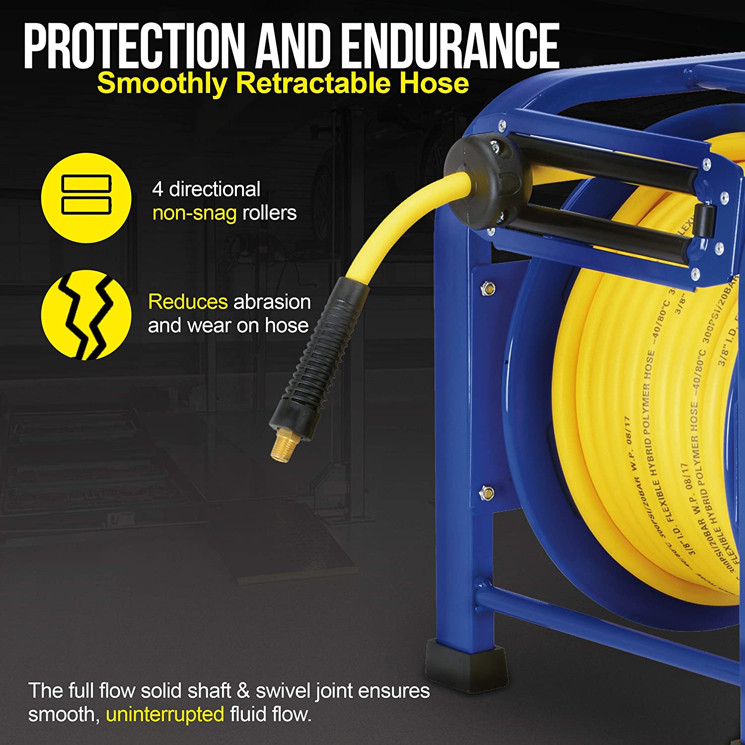 GOODYEAR Air-Hose-Reel Retractable 3/8" Inch x 100 Feet 300 Psi / 20 Bar Spring Driven Steel Elite Portable Quad Pod Heavy Duty Industrial Longest Premium Commercial Flex Hybrid Polymer - Great Circle UK