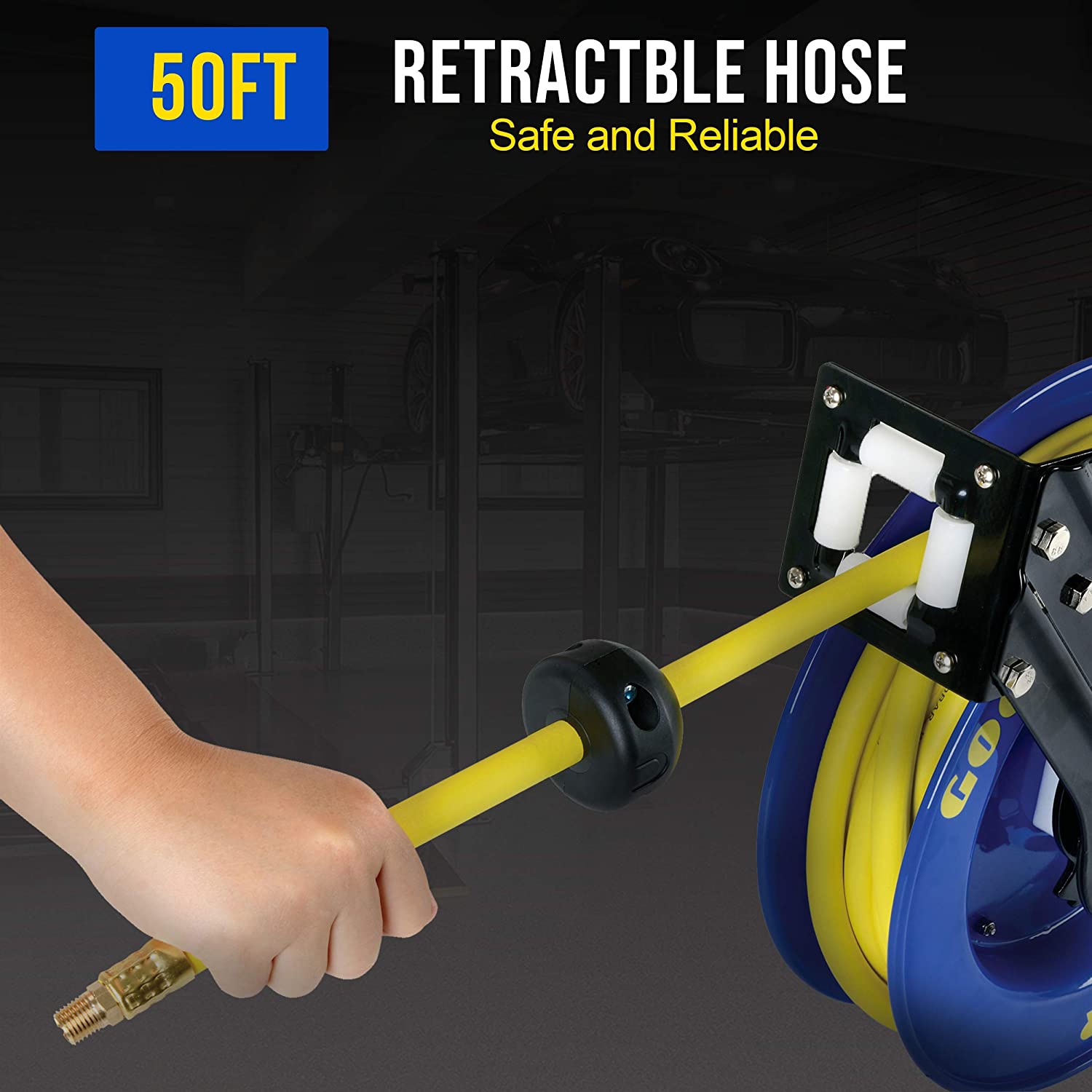 Goodyear Air Hose Reel Retractable 9.5mm x 7.6m 20BAR Max SBR Rubber Hose Heavy Duty Industrial Steel Single Arm Construction
