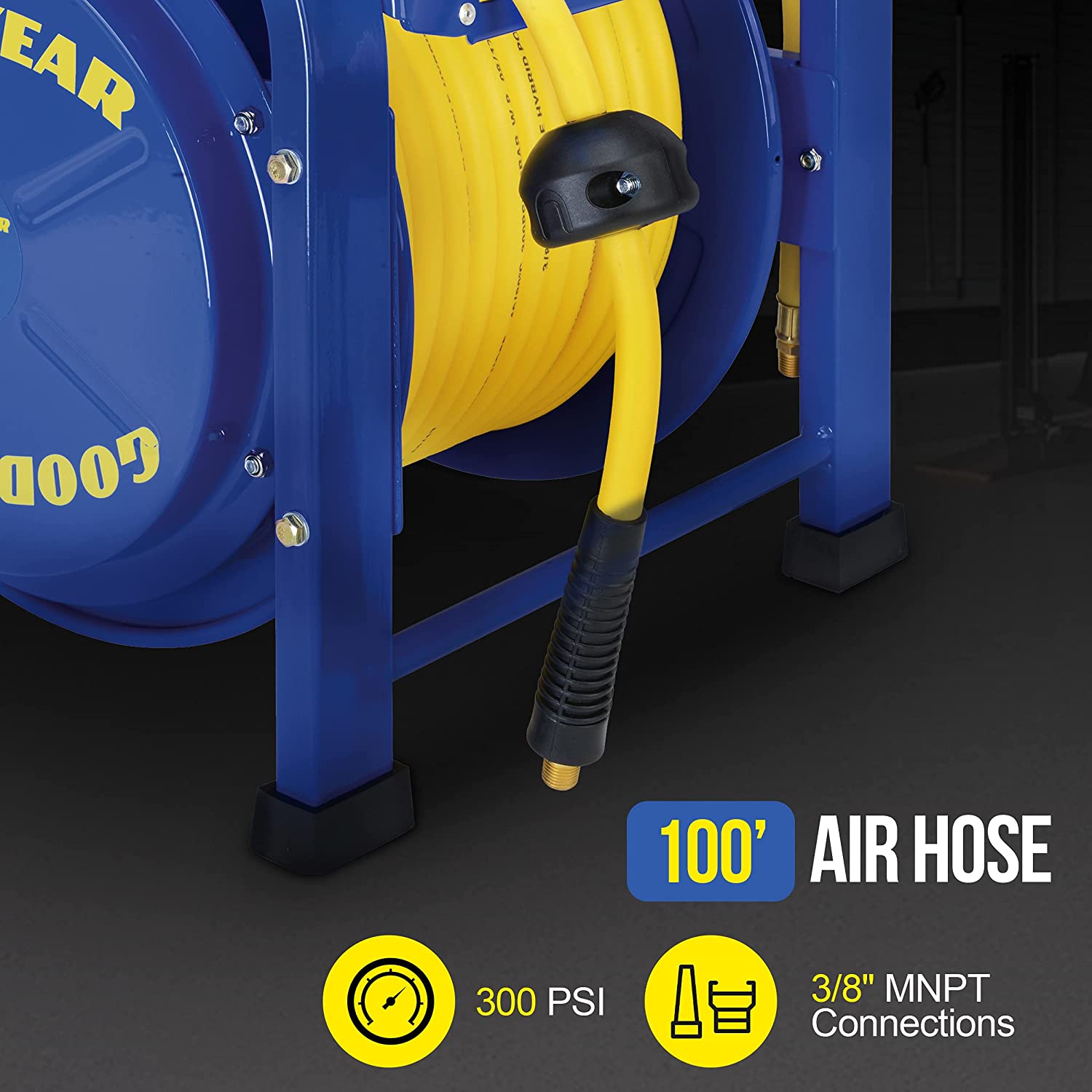 GOODYEAR Air-Hose-Reel Retractable 3/8" Inch x 100 Feet 300 Psi / 20 Bar Spring Driven Steel Elite Portable Quad Pod Heavy Duty Industrial Longest Premium Commercial Flex Hybrid Polymer - Great Circle UK