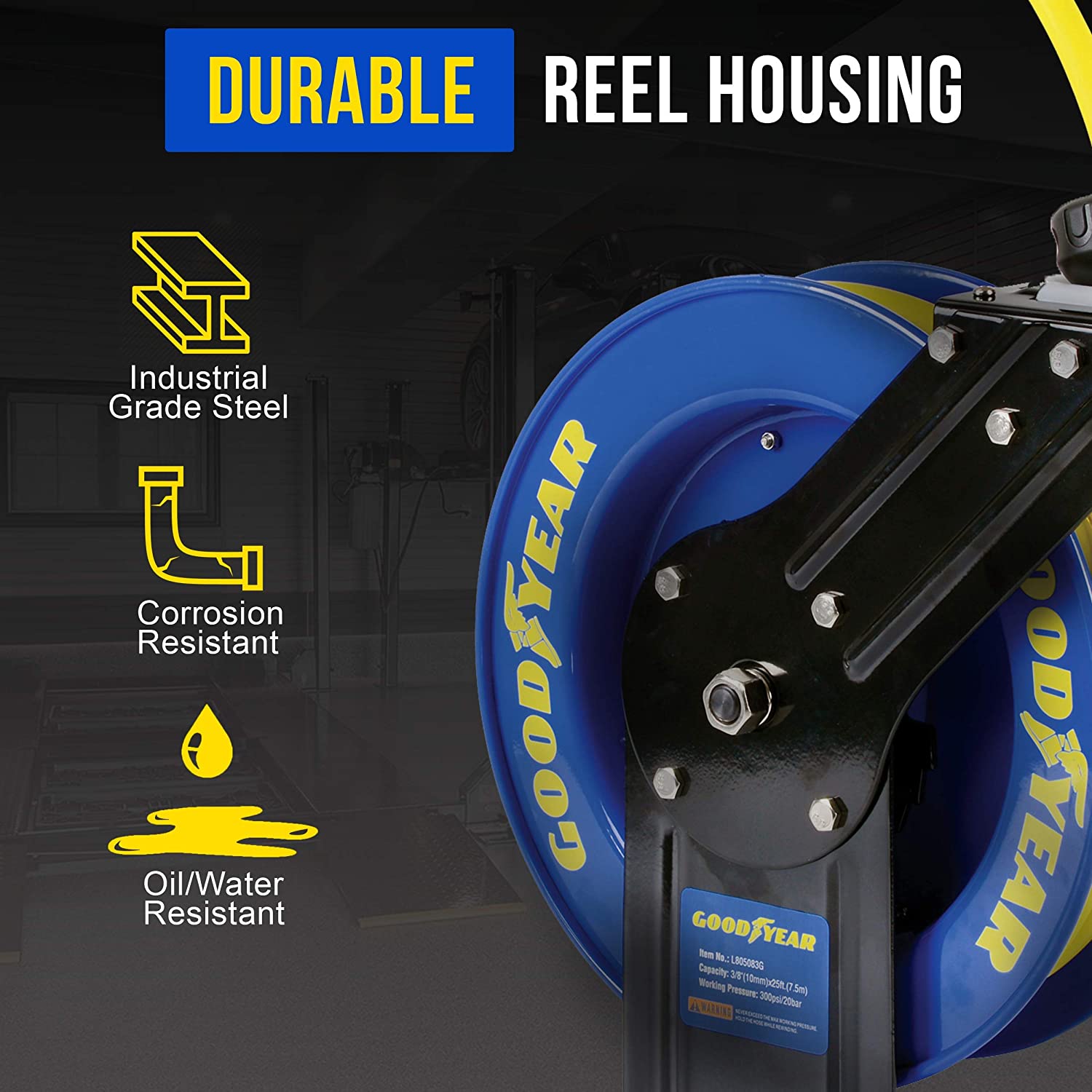 Goodyear Air Hose Reel Retractable 9.5mm x 7.6m 20BAR Max SBR Rubber Hose Heavy Duty Industrial Steel Single Arm Construction