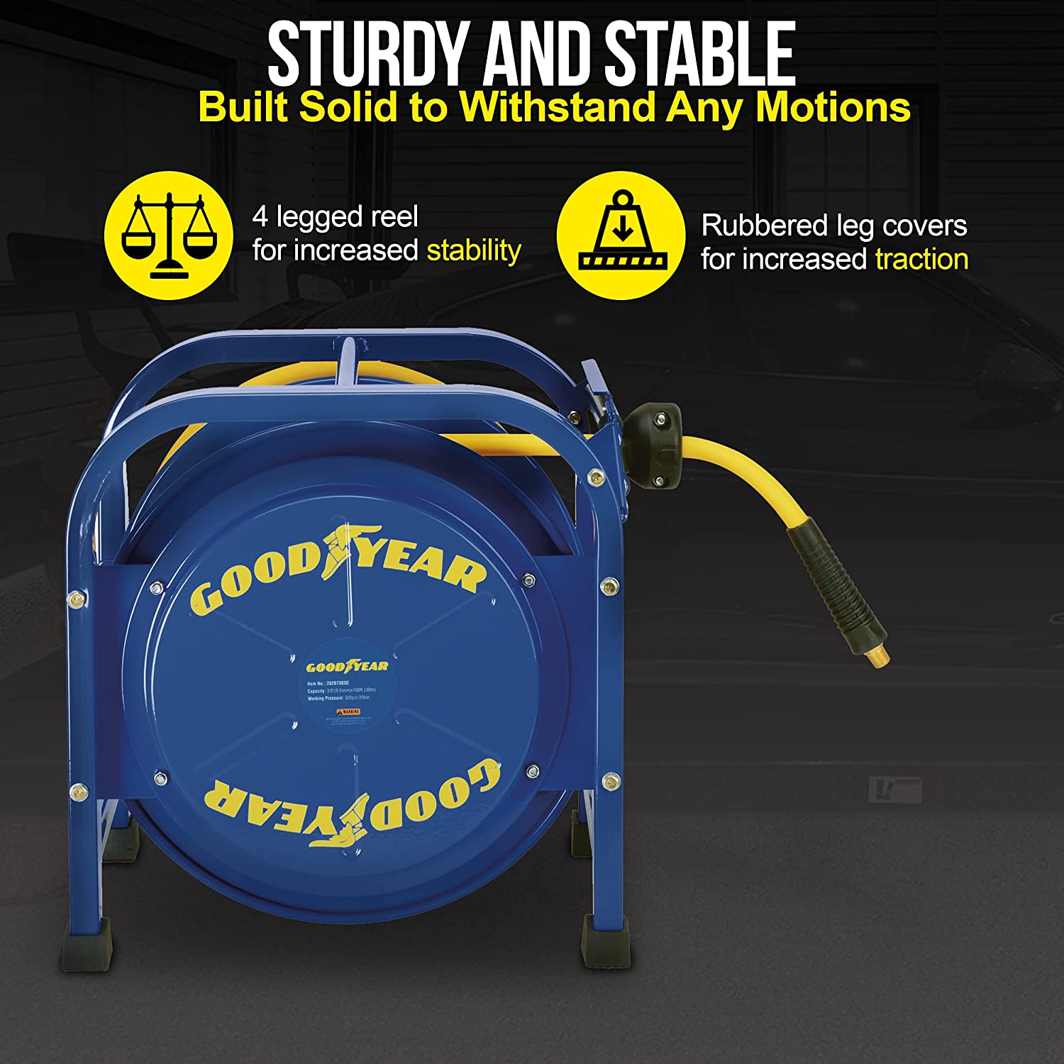 GOODYEAR Air-Hose-Reel Retractable 3/8" Inch x 100 Feet 300 Psi / 20 Bar Spring Driven Steel Elite Portable Quad Pod Heavy Duty Industrial Longest Premium Commercial Flex Hybrid Polymer - Great Circle UK
