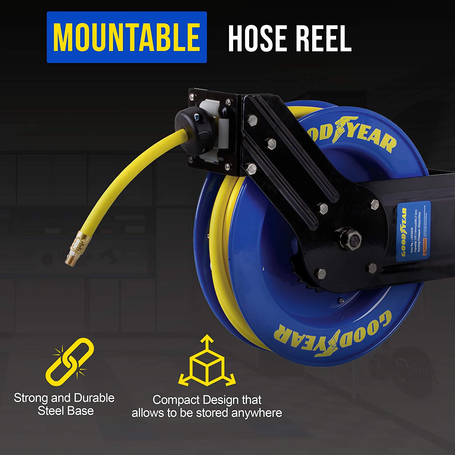 Goodyear Air Hose Reel Retractable 9.5mm x 7.6m 20BAR Max SBR Rubber Hose Heavy Duty Industrial Steel Single Arm Construction