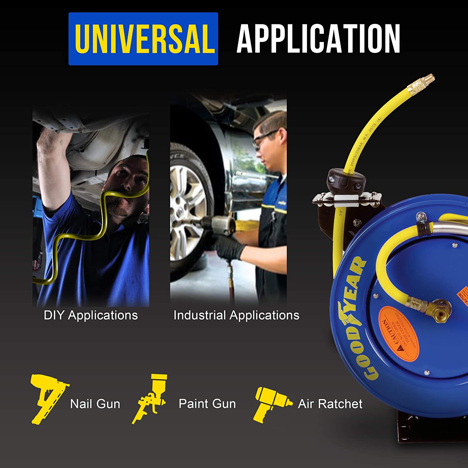 Goodyear Air Hose Reel Retractable 9.5mm x 7.6m 20BAR Max SBR Rubber Hose Heavy Duty Industrial Steel Single Arm Construction