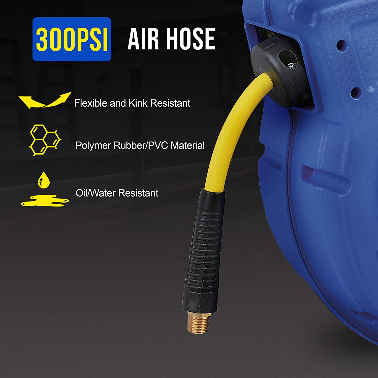 Goodyear Air Hose Reel Retractable 9.5mm x 20m Hybrid Polymer Hose Max 20BAR Commercial Polypropylene Construction w/Lead-in Hose and PVC Handle