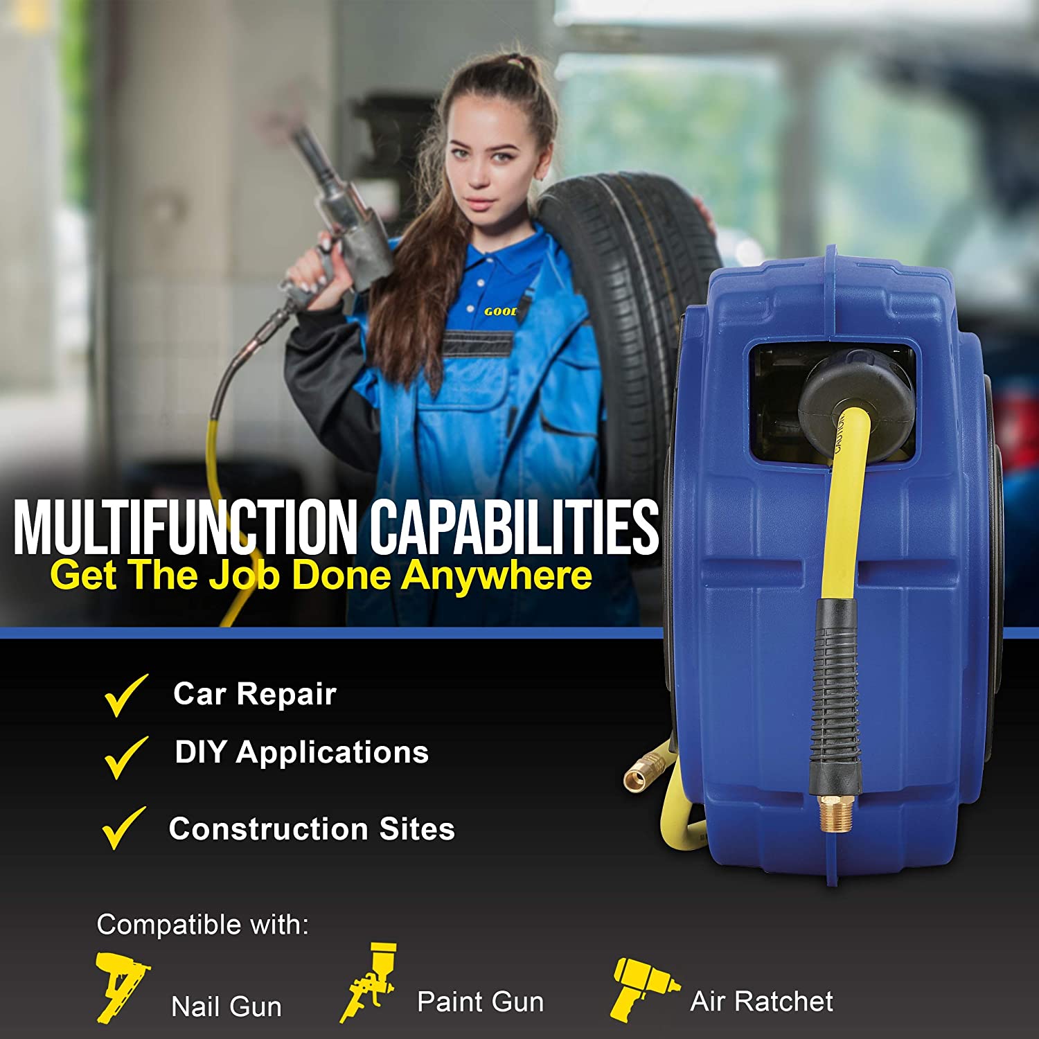 Goodyear Air Hose Reel Retractable 9.5mm x 20m Hybrid Polymer Hose Max 20BAR Commercial Polypropylene Construction w/Lead-in Hose and PVC Handle