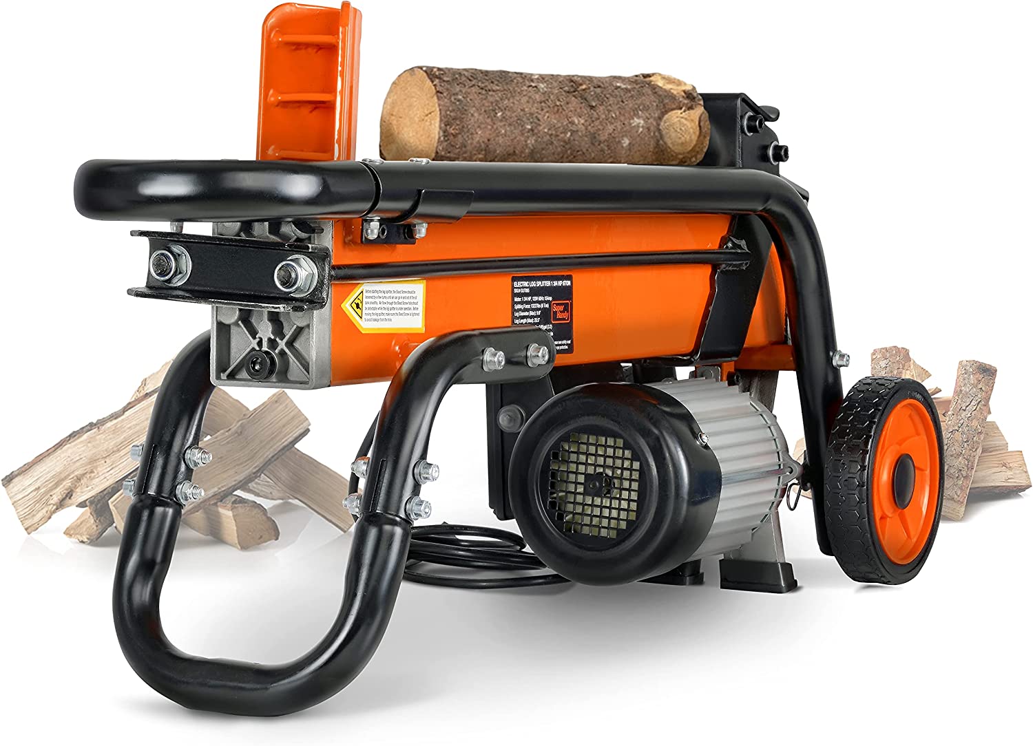 SuperHandy Log Splitter Electric Portable 6 Ton Ram System 1-3/4eHP 15Amp 1500Watt Motor Horizontal Full Beam with Steel Wedge for Fire Wood Splitting Forestry