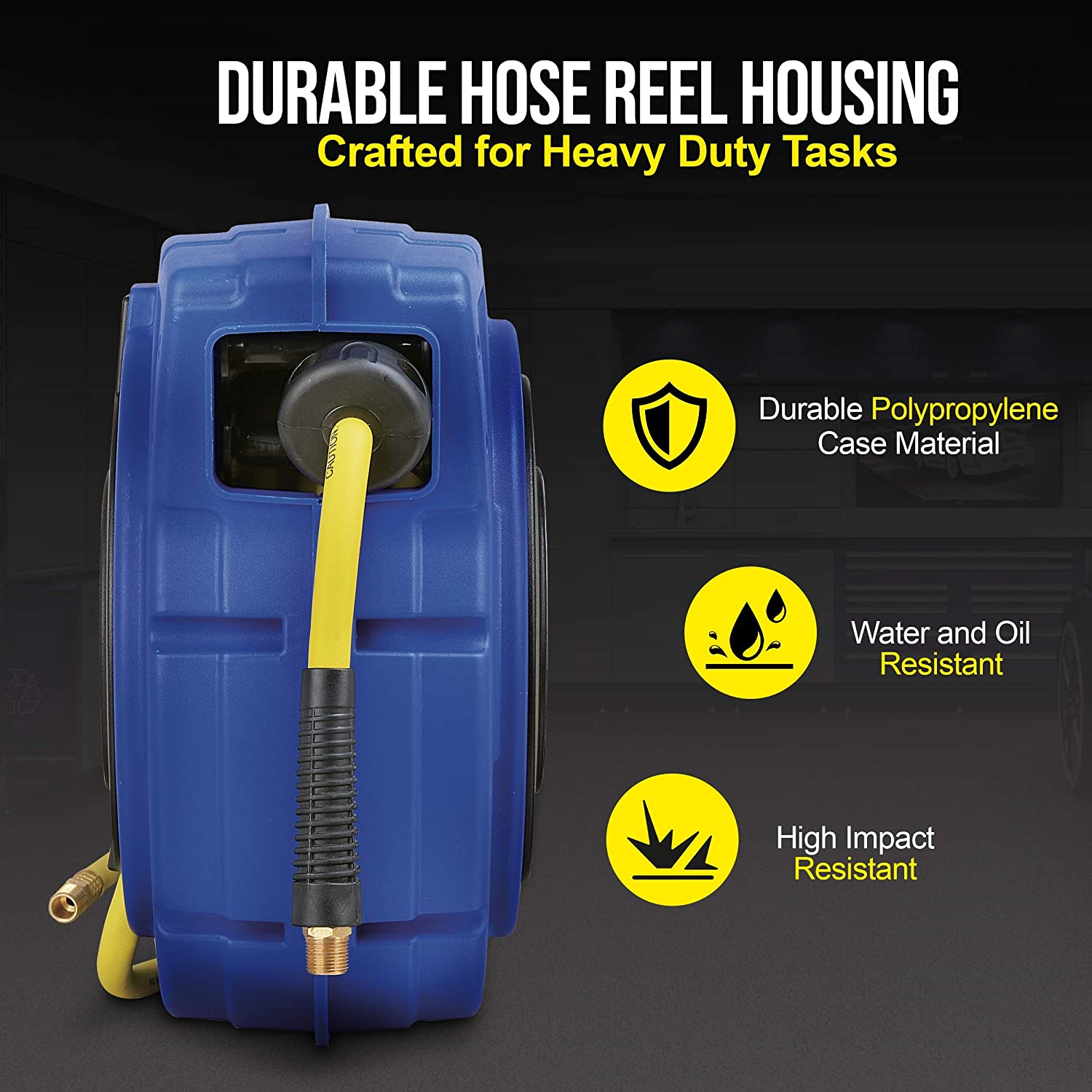 Goodyear Air Hose Reel Retractable 9.5mm x 20m Hybrid Polymer Hose Max 20BAR Commercial Polypropylene Construction w/Lead-in Hose and PVC Handle