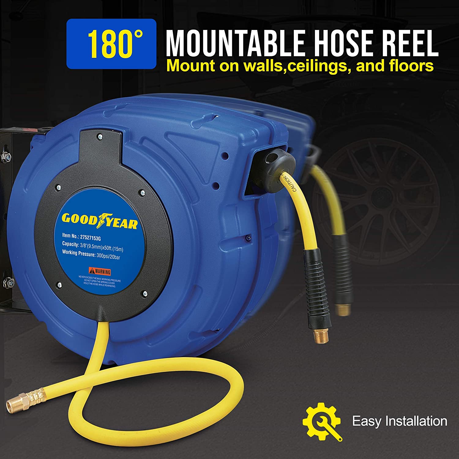 Goodyear Air Hose Reel Retractable 9.5mm x 20m Hybrid Polymer Hose Max 20BAR Commercial Polypropylene Construction w/Lead-in Hose and PVC Handle