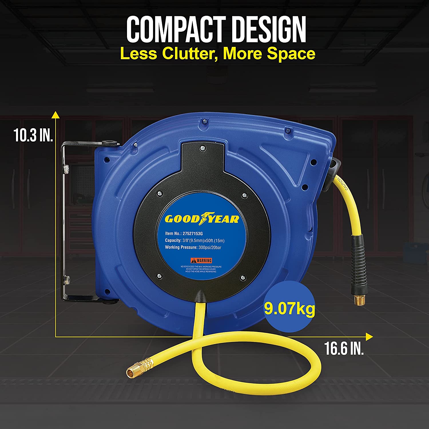 Goodyear Air Hose Reel Retractable 9.5mm x 20m Hybrid Polymer Hose Max 20BAR Commercial Polypropylene Construction w/Lead-in Hose and PVC Handle
