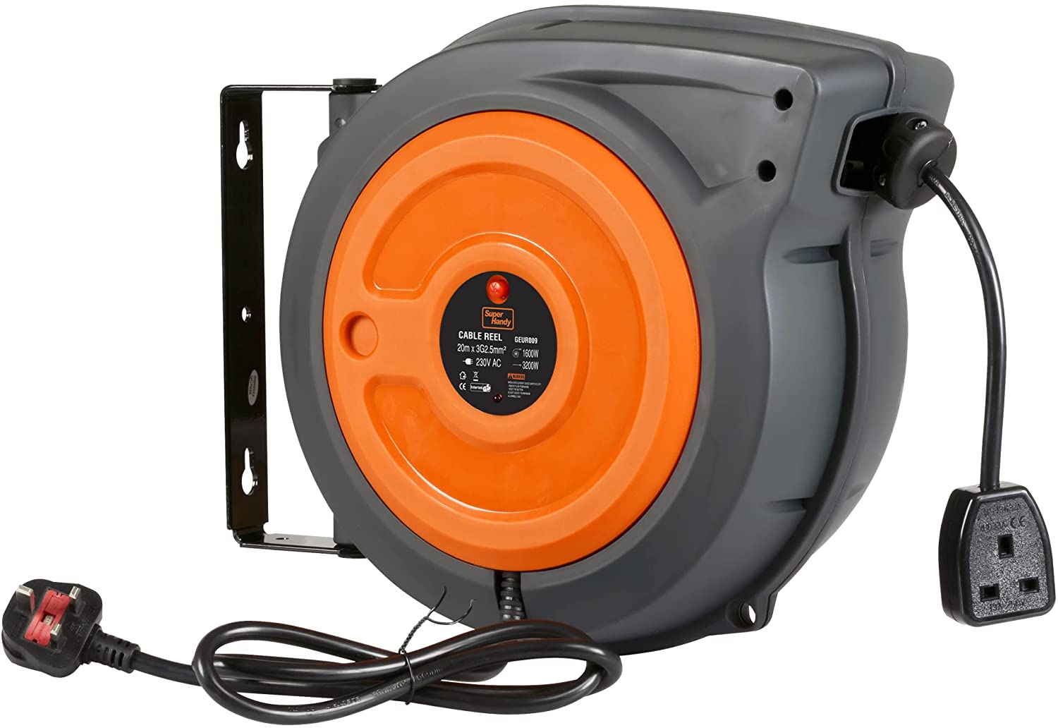 SuperHandy Cord Reel Retractable Extension Extra Long 20m (65ft) x 3G2.5mm² H05VV-F 3200W Max Industrial Polypropylene Ultra Heavy Duty Commercial Premium Grade Cable Reel (UK Plug& Socket)
