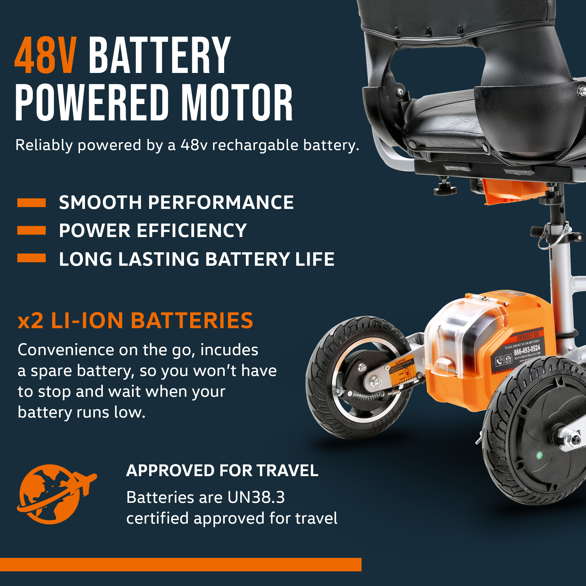 SuperHandy 3 Wheel Folding Mobility Scooter (Upgraded Design) - Electric Powered, Airline Friendly - Long Range Travel w/ 2 Detachable 48V Lithium-ion Batteries and Charger