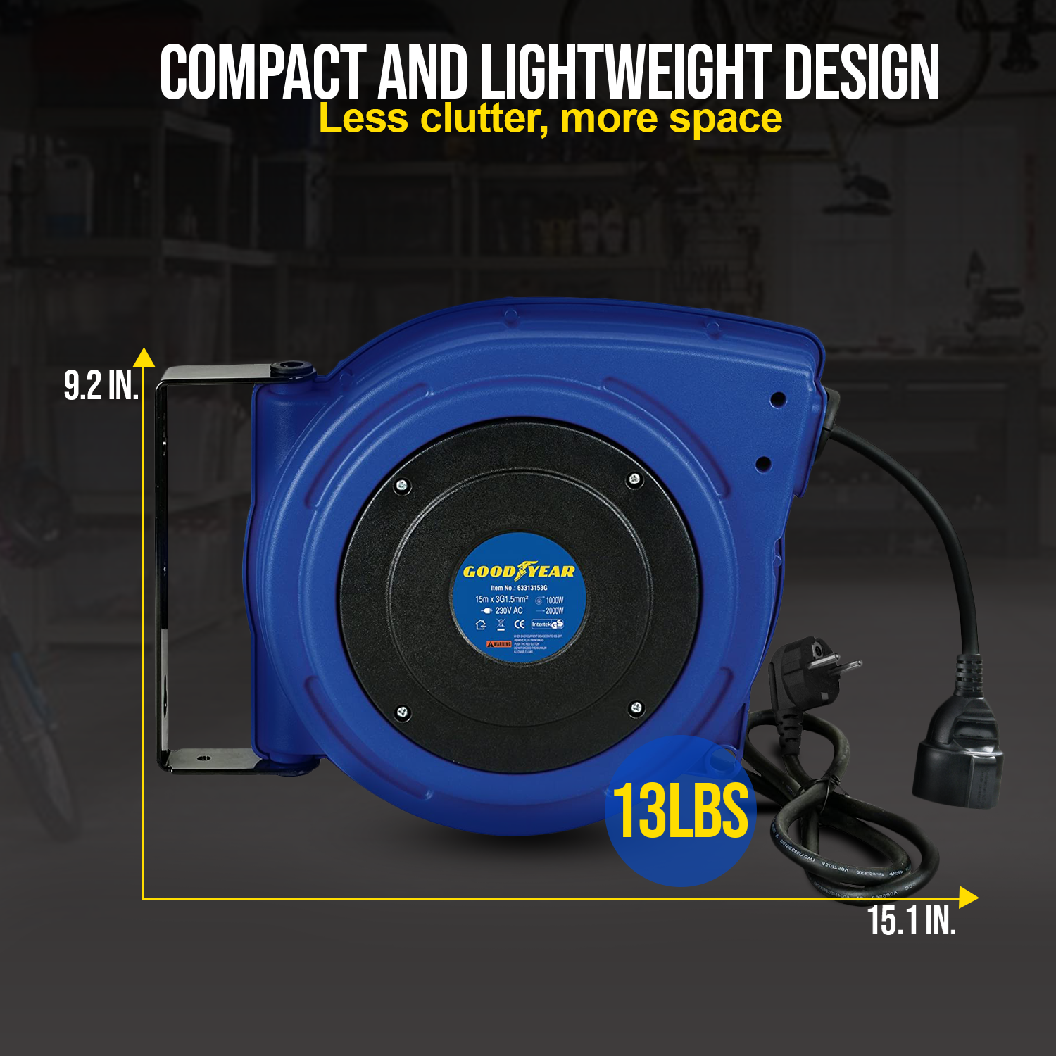 Goodyear Heavy Duty Extension Cable Reel: Retractable 15m x 3G1.5mm2 H07RN-F, UK Plug Type 230V AC, 8.6A 1000W Wound/2000W Unwound