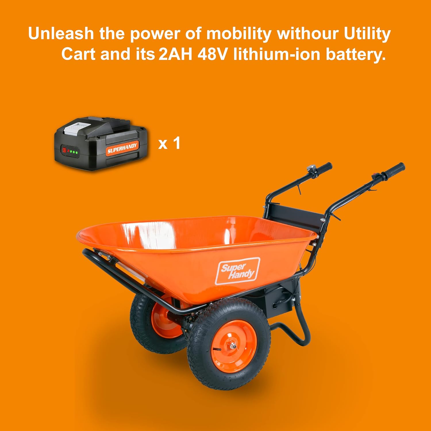 SuperHandy Electric Wheelbarrow – 48V 2Ah Li-Ion Battery, 330 lbs (150 kg) Capacity, 4 Cu.Ft. Steel Powder Coated Tub, Material & Debris Hauler Utility Cart