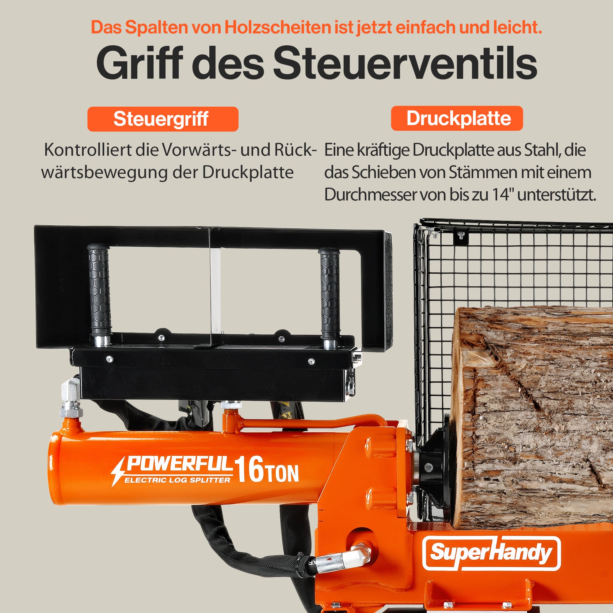 SuperHandy Elektrische Holzspalter Portable 16Ton 500mm Log Länge 2-Stufen 10GPM Hydraulische Zahnradpumpe 1500Watt Motor Horizontal Full Beam Steel Wedge Brennholz Spaltung Forstwirtschaft Ernte