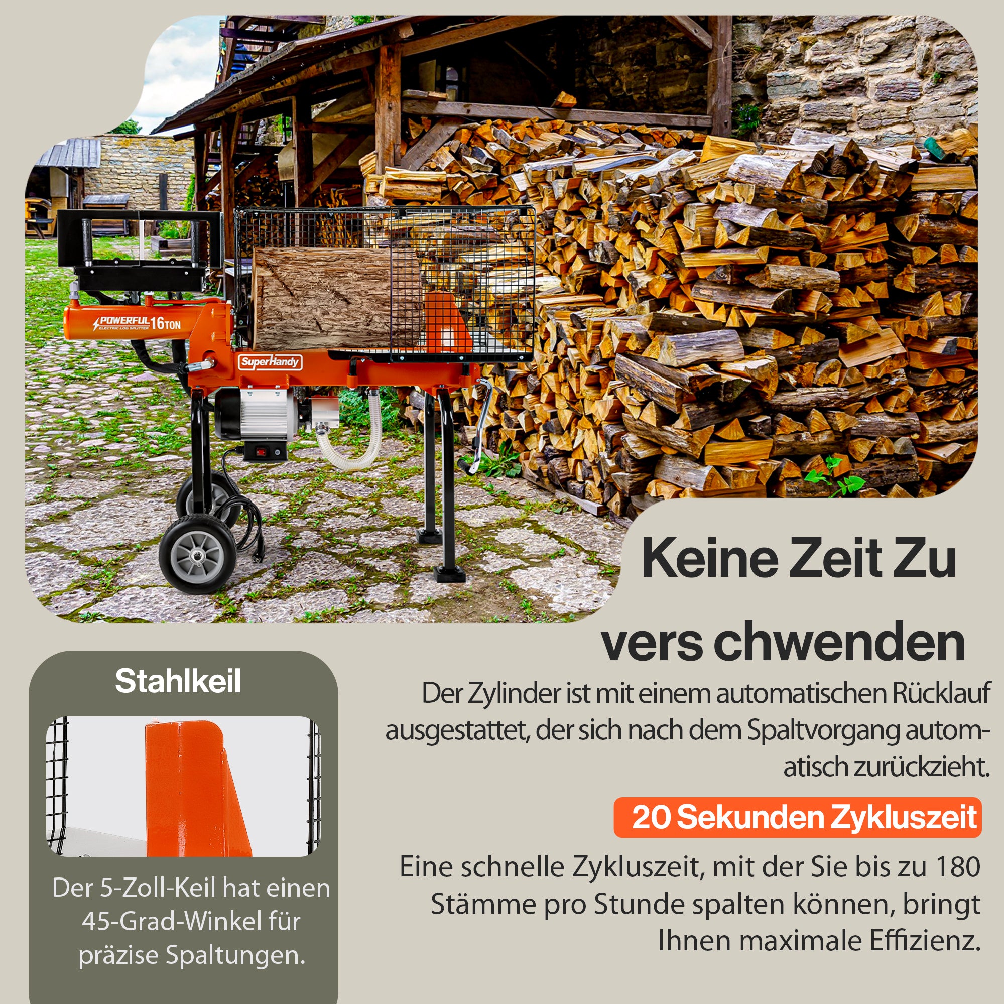 SuperHandy Elektrische Holzspalter Portable 16Ton 500mm Log Länge 2-Stufen 10GPM Hydraulische Zahnradpumpe 1500Watt Motor Horizontal Full Beam Steel Wedge Brennholz Spaltung Forstwirtschaft Ernte