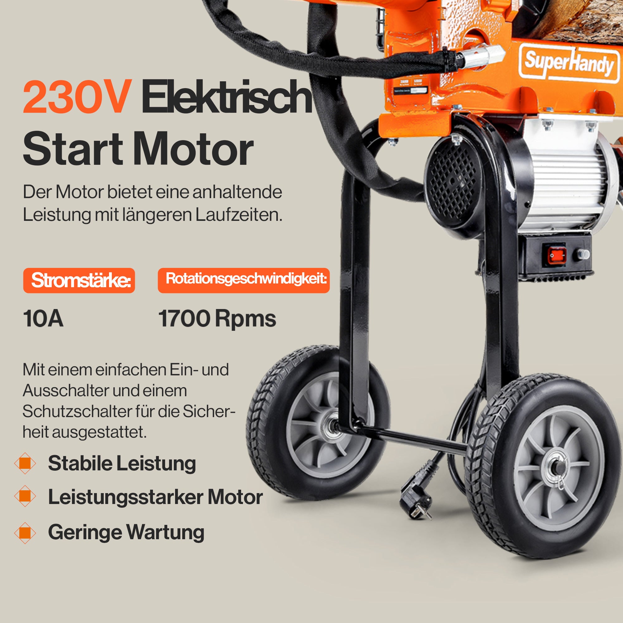 SuperHandy Elektrische Holzspalter Portable 16Ton 500mm Log Länge 2-Stufen 10GPM Hydraulische Zahnradpumpe 1500Watt Motor Horizontal Full Beam Steel Wedge Brennholz Spaltung Forstwirtschaft Ernte