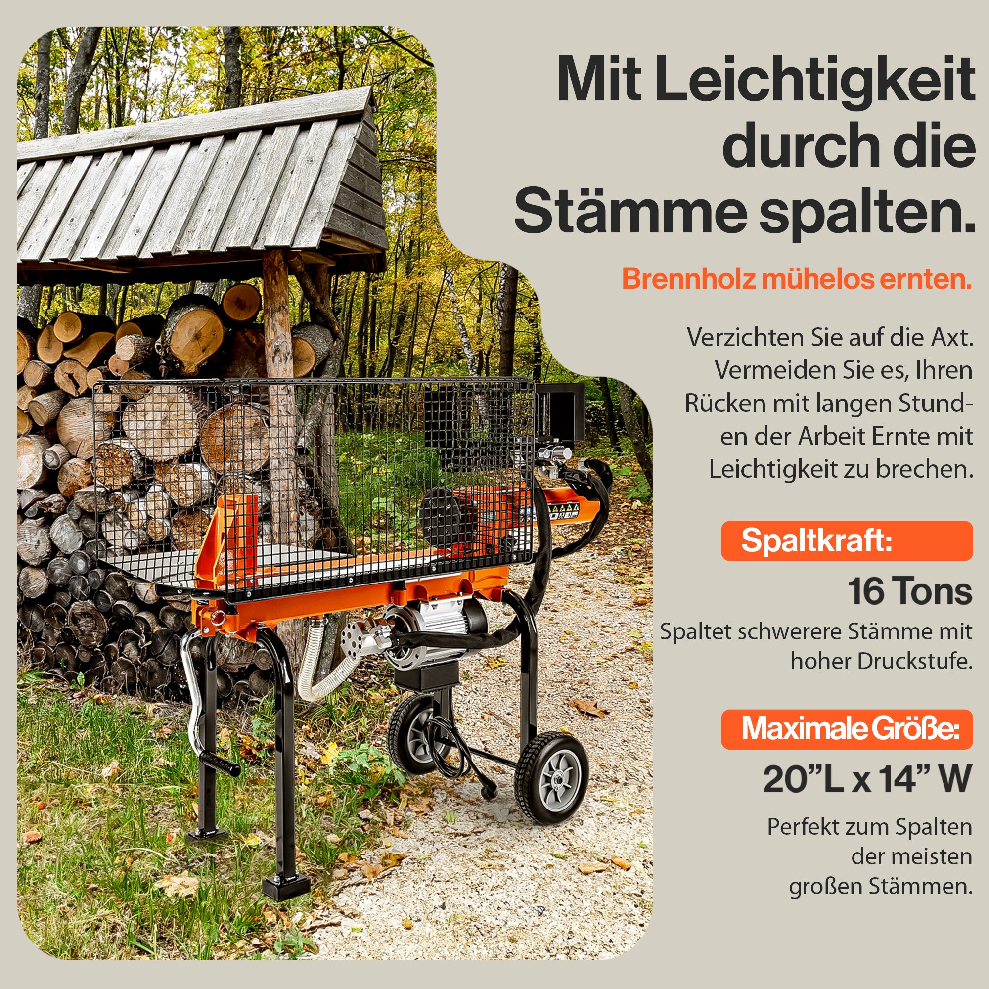 SuperHandy Elektrische Holzspalter Portable 16Ton 500mm Log Länge 2-Stufen 10GPM Hydraulische Zahnradpumpe 1500Watt Motor Horizontal Full Beam Steel Wedge Brennholz Spaltung Forstwirtschaft Ernte