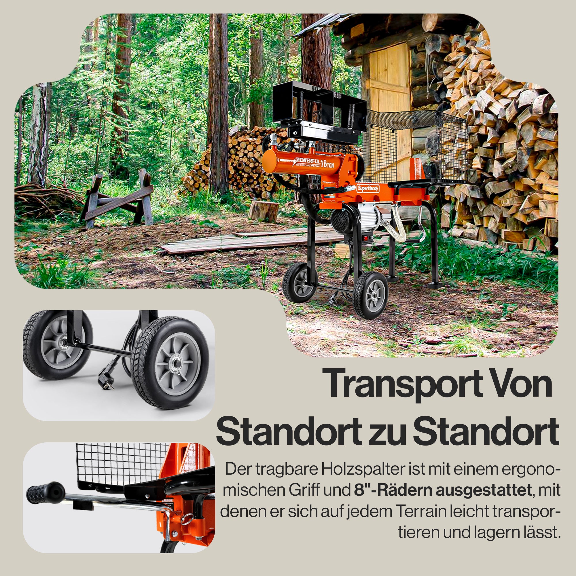 SuperHandy Elektrische Holzspalter Portable 16Ton 500mm Log Länge 2-Stufen 10GPM Hydraulische Zahnradpumpe 1500Watt Motor Horizontal Full Beam Steel Wedge Brennholz Spaltung Forstwirtschaft Ernte