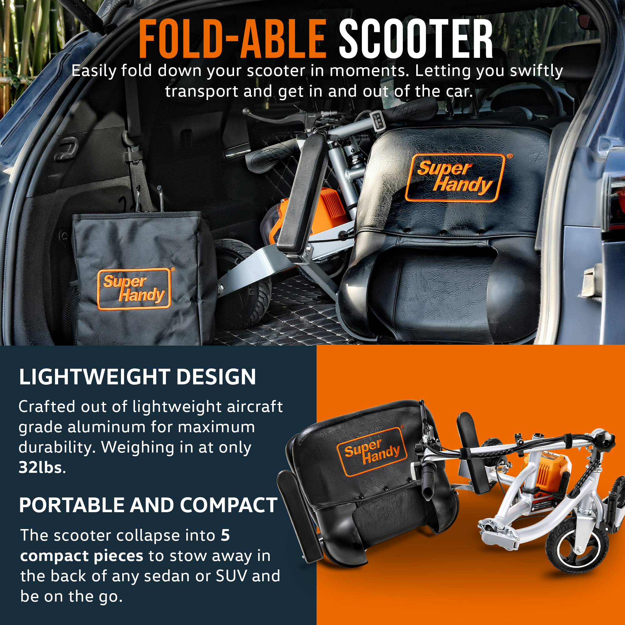 SuperHandy 3 Wheel Folding Mobility Scooter (Upgraded Design) - Electric Powered, Airline Friendly - Long Range Travel w/ 2 Detachable 48V Lithium-ion Batteries and Charger