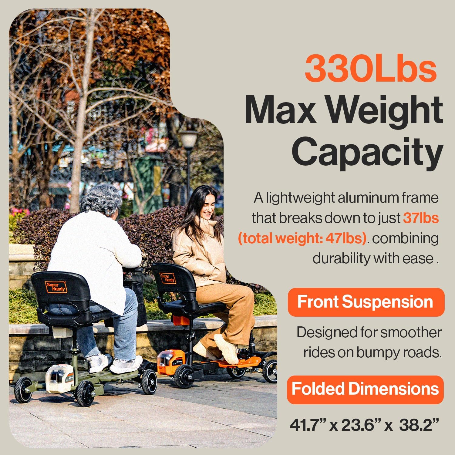 SuperHandy 4-Wheel Mobility Scooter - Lightweight, Foldable, 48V 2Ah Li-Ion Battery, Adjustable, Flat-Free Tires, 330lbs Capacity (Dark Green & Sand)