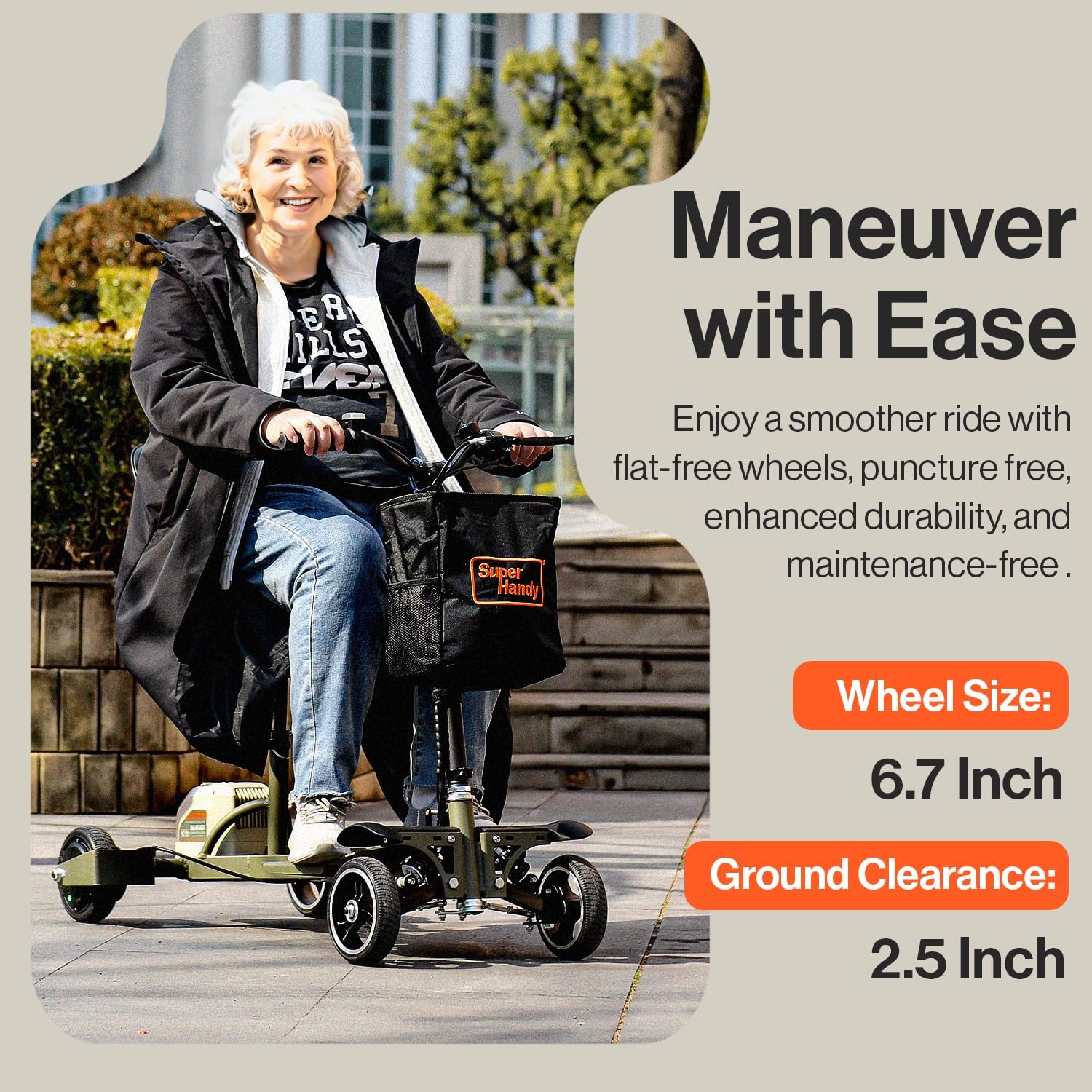 SuperHandy 4-Wheel Mobility Scooter - Lightweight, Foldable, 48V 2Ah Li-Ion Battery, Adjustable, Flat-Free Tires, 330lbs Capacity (Dark Green & Sand)