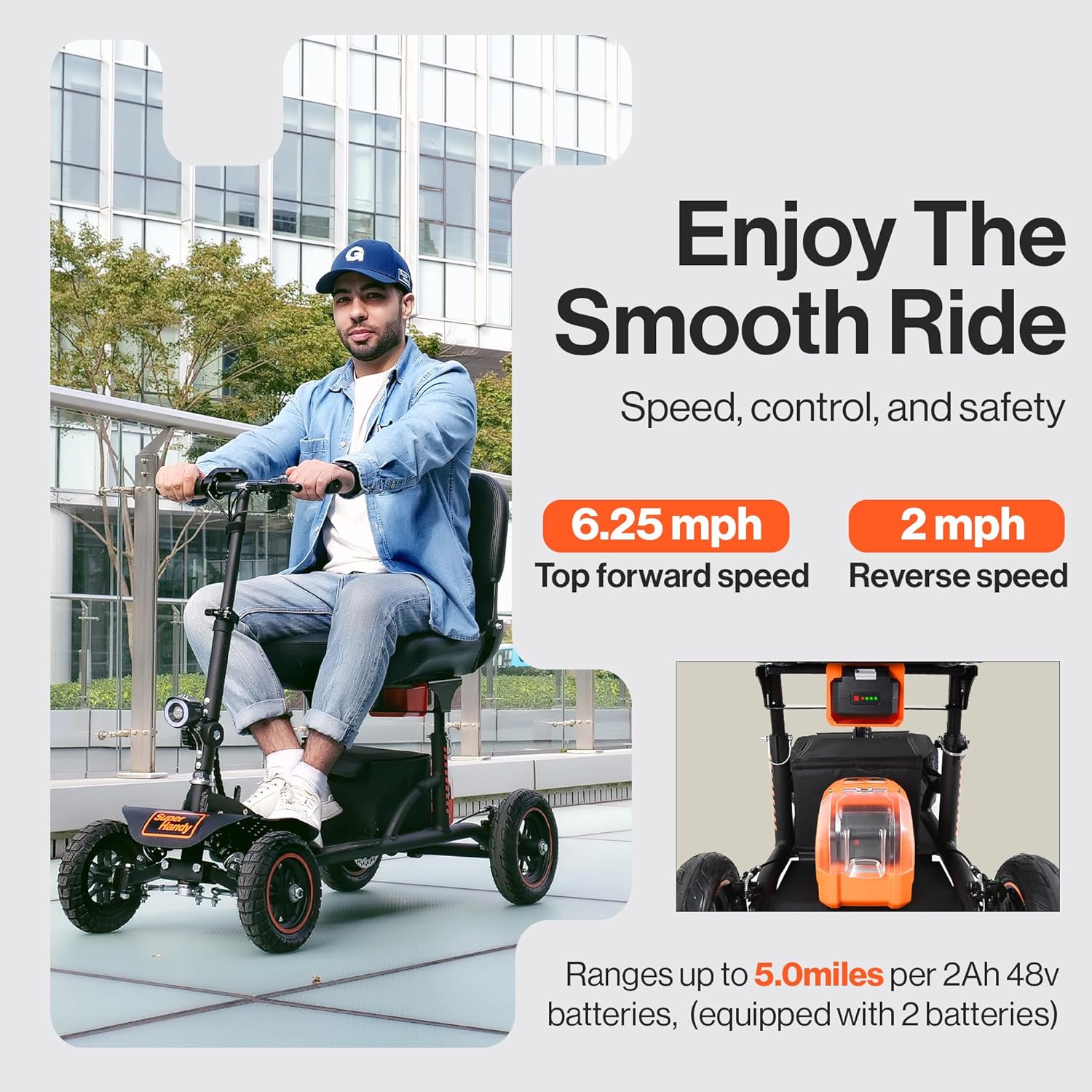 SuperHandy Mobilitätsroller – All-Terrain 4 Räder, 500 W bürstenloser Motor, 48 V-2 Ah/4 Ah Akku, 158,8 kg Kapazität, 6,25 km/h Höchstgeschwindigkeit, leichter Aluminiumrahmen (zum Patent angemeldet)