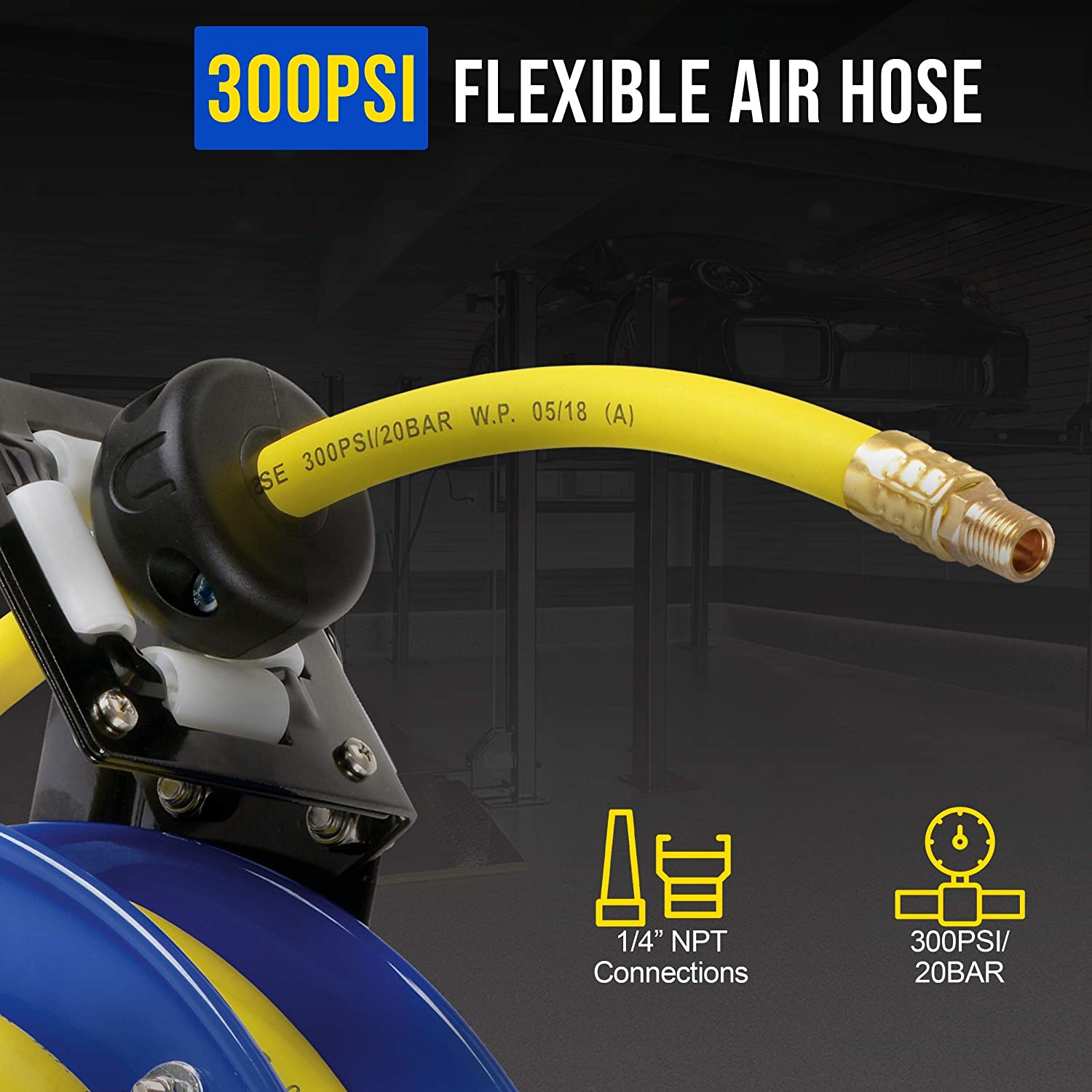 Air Hose Reel Retractable 3/8 Inch x 7.5m 25' Feet Premium, Max 300 PSI Steel