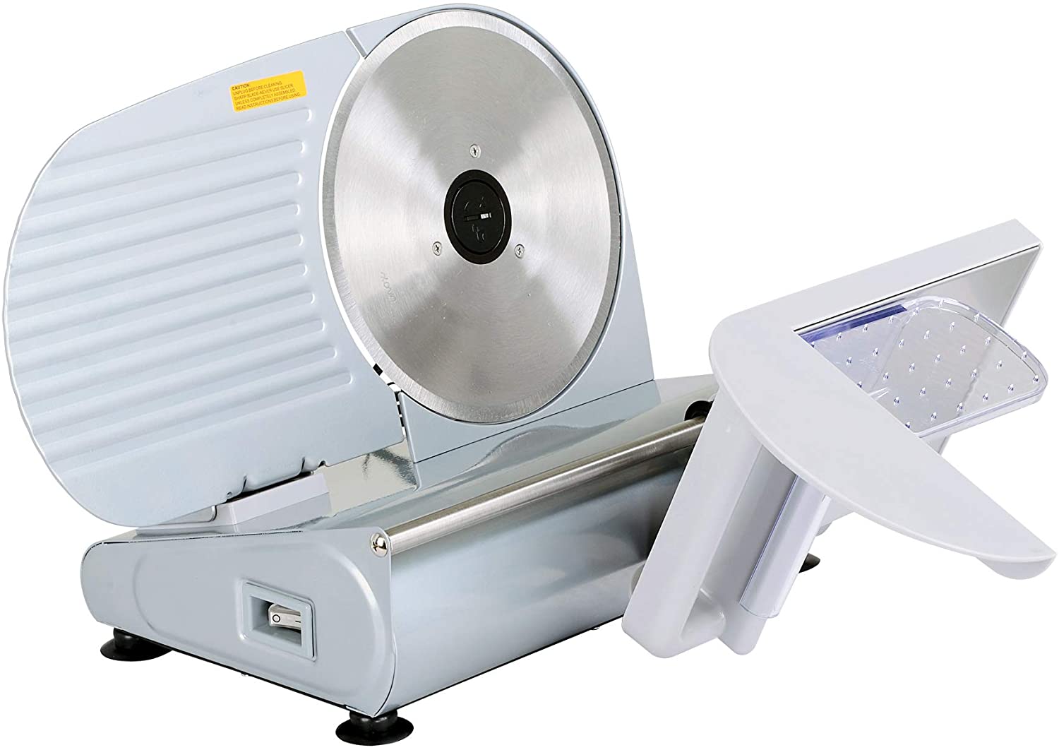 Our Kitchener Pro Commercial Deli, Meat, Cheese & Bread Slicer is built of premium coated steel & die-cast aluminum, safe grade food plastic & stainless steel carriage surface (protects from rust). This slicer is a belt driven Electric powered 230V 150 Watt 50Hz motor, including a: 7.5" (190mm) Ham/Salami Blade, Adjustable Thickness Control Knob capable of slicing a wide variety of foods from delicious deli thin to 5/8" carving board style thick meats.