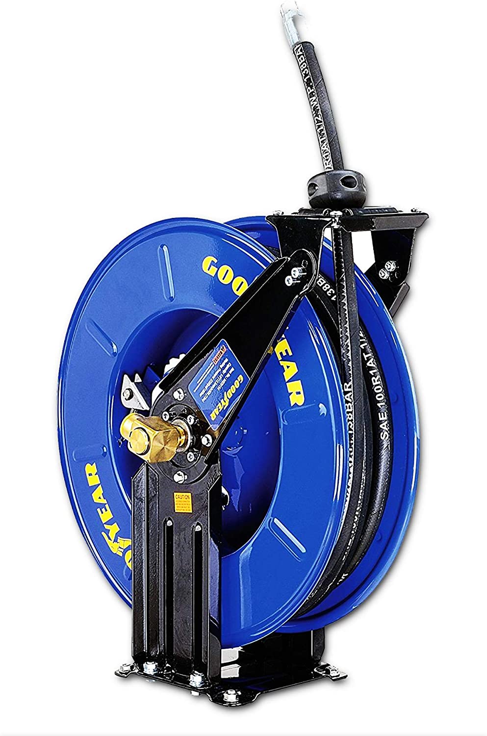 Goodyear Oil Hose Reel Retractable 1/2" Inch x 50' Foot Long Premium Commercial SAE 100R1AT Hose Max 2320 Psi Steel Construction Elite Heavy Duty Industrial Spring Driven Dual Arm and Pedestal