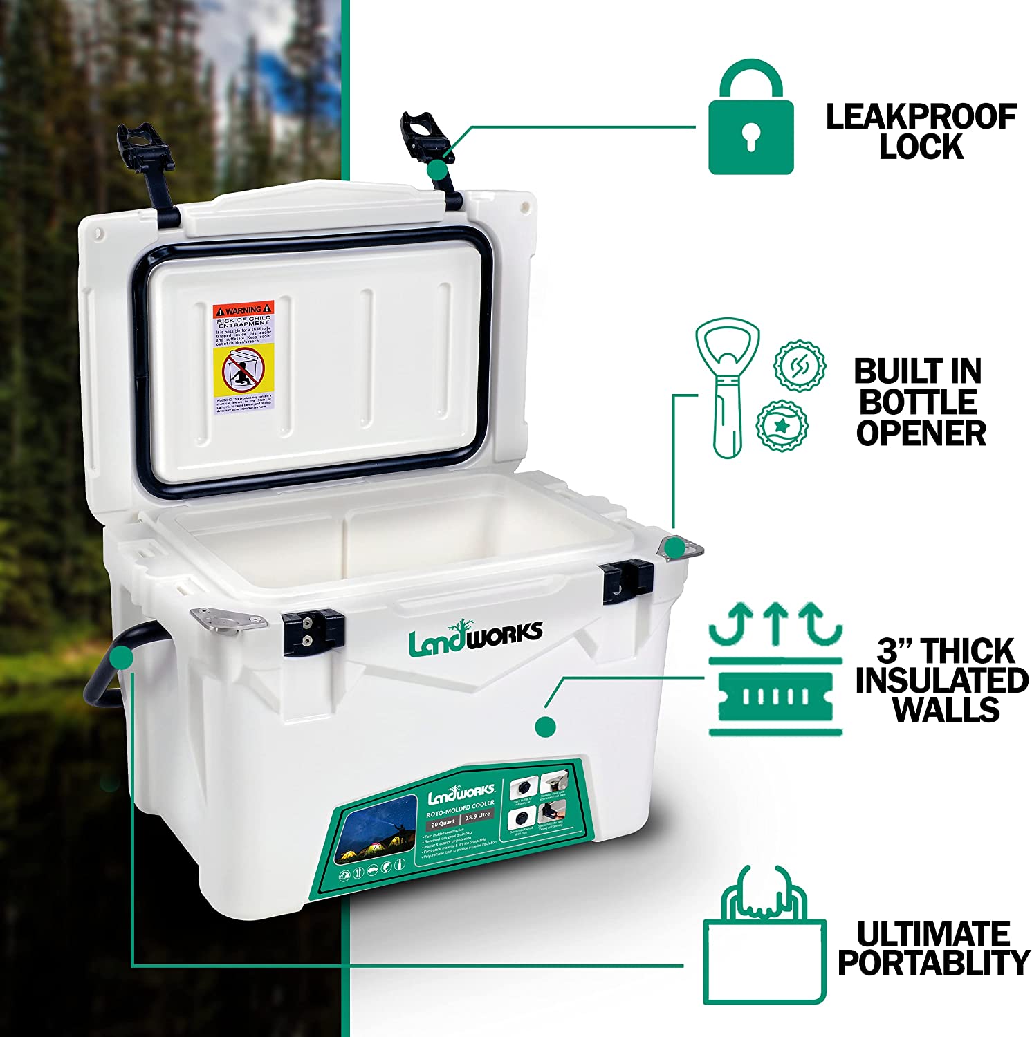 Landworks 20QT Rotomolded Ice Cooler - Up to 5 Days Ice Retention, Commercial Grade, Food Safe, Dry Ice Compatible, UV Protected, with 15mm Gasket, Bottle Openers, and Low Profile Latches