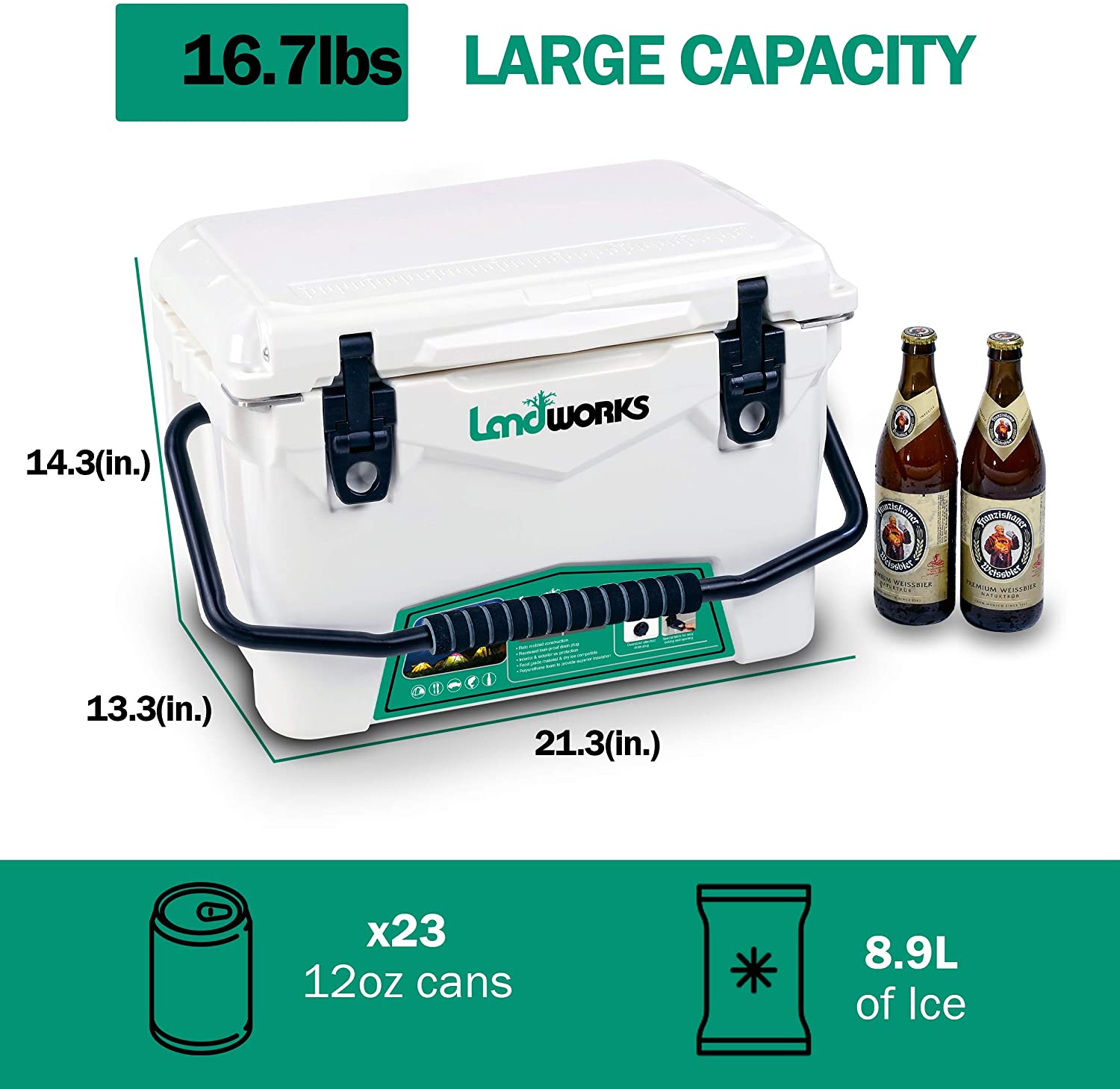 Landworks 20QT Rotomolded Ice Cooler - Up to 5 Days Ice Retention, Commercial Grade, Food Safe, Dry Ice Compatible, UV Protected, with 15mm Gasket, Bottle Openers, and Low Profile Latches