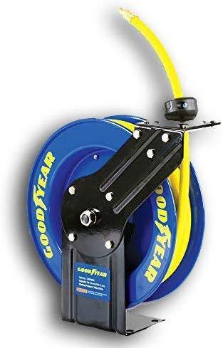 GOODYEAR Air-Hose-Reel Retractable 3/8" Inch x 25' Feet Premium Commercial SBR Hose Max 300 Psi Steel Construction Heavy Duty Spring Driven Industrial Single Arm; L-Shape Base - Great Circle UK