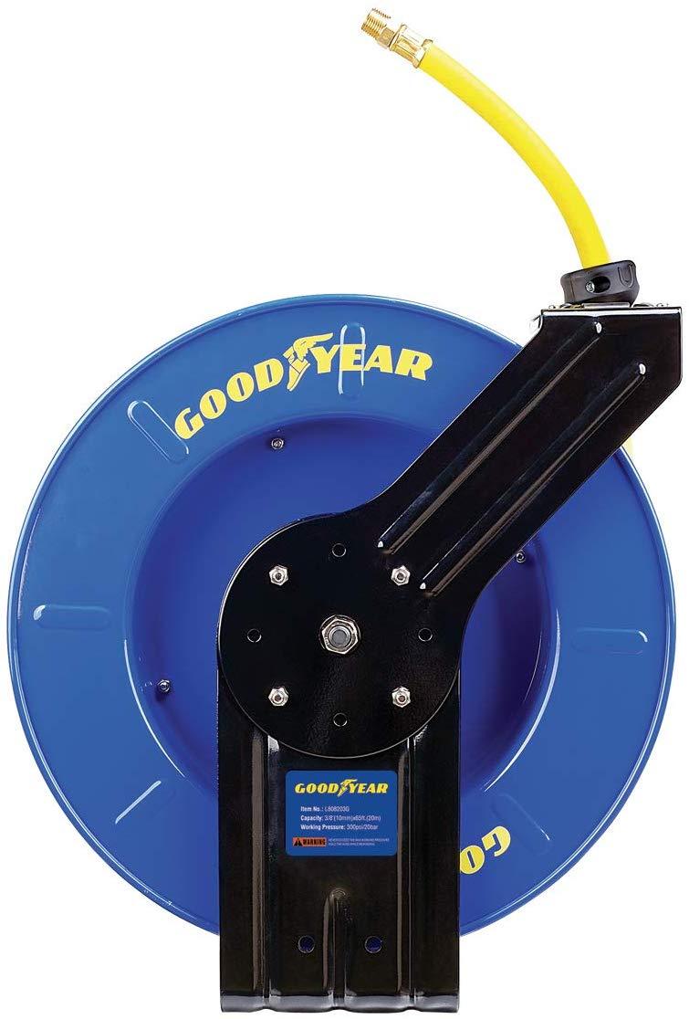 GOODYEAR Air-Hose-Reel Retractable 3/8" Inch x 65' Feet Extra Long Premium Commercial SBR Hose Max 300 Psi Reinforced Steel Construction Spring Driven Heavy Duty Industrial Single Arm & Base - Great Circle UK