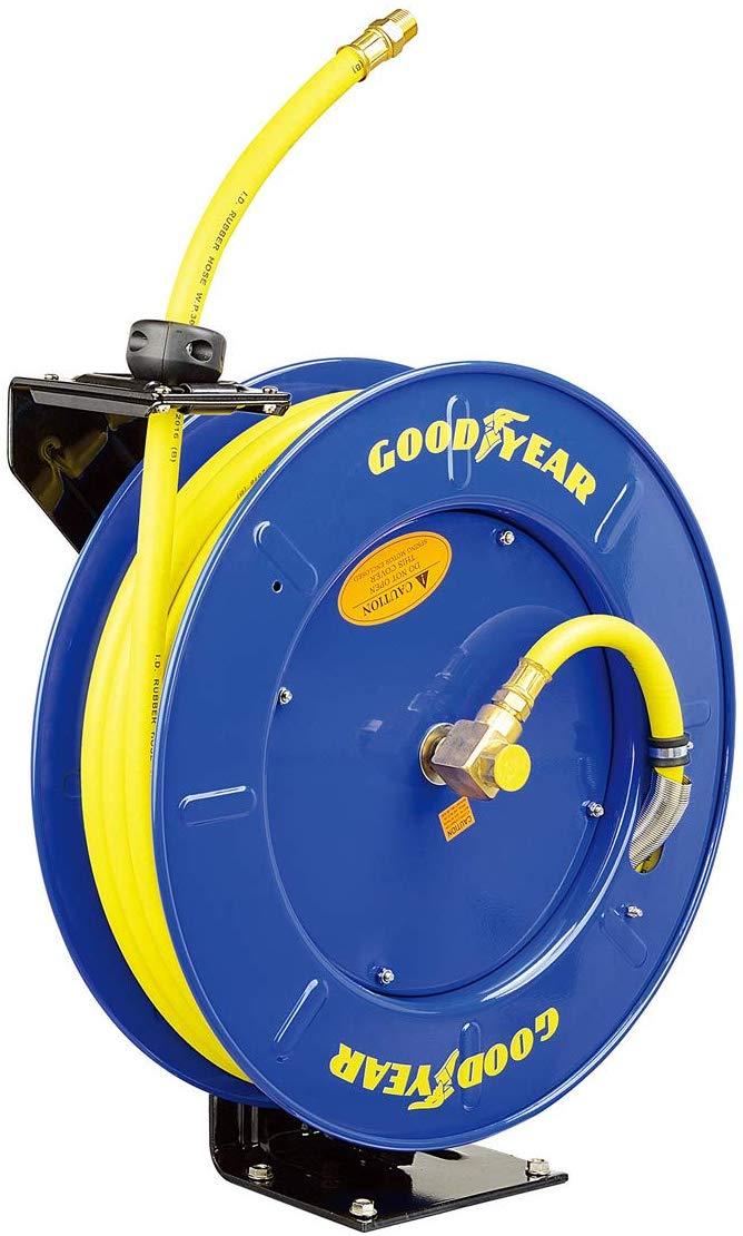 GOODYEAR Air-Hose-Reel Retractable 3/8" Inch x 65' Feet Extra Long Premium Commercial SBR Hose Max 300 Psi Reinforced Steel Construction Spring Driven Heavy Duty Industrial Single Arm & Base - Great Circle UK