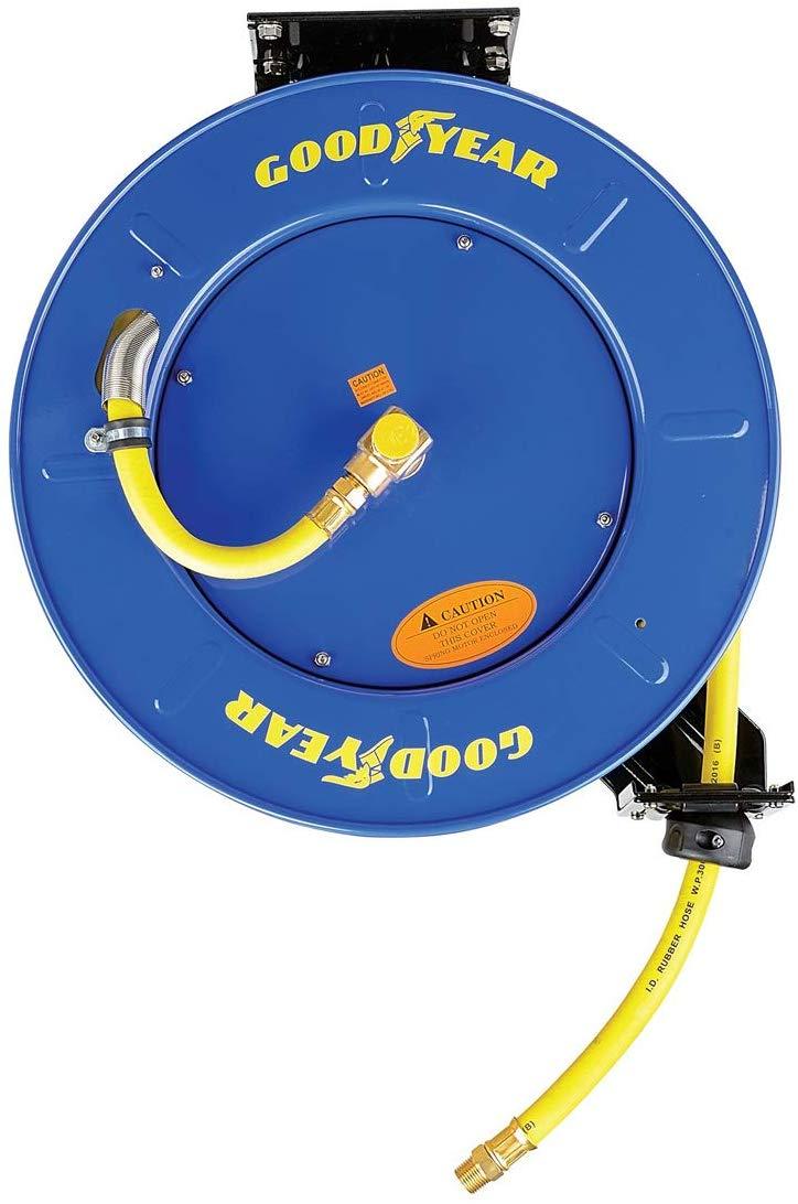 GOODYEAR Air-Hose-Reel Retractable 3/8" Inch x 65' Feet Extra Long Premium Commercial SBR Hose Max 300 Psi Reinforced Steel Construction Spring Driven Heavy Duty Industrial Single Arm & Base - Great Circle UK