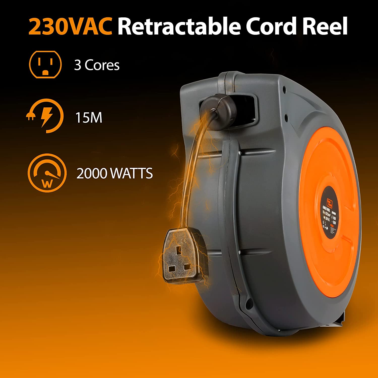 SuperHandy 15m Retractable Extension Cord Reel with Ultra-Flexible Cable for Heavy-Duty Industrial Use