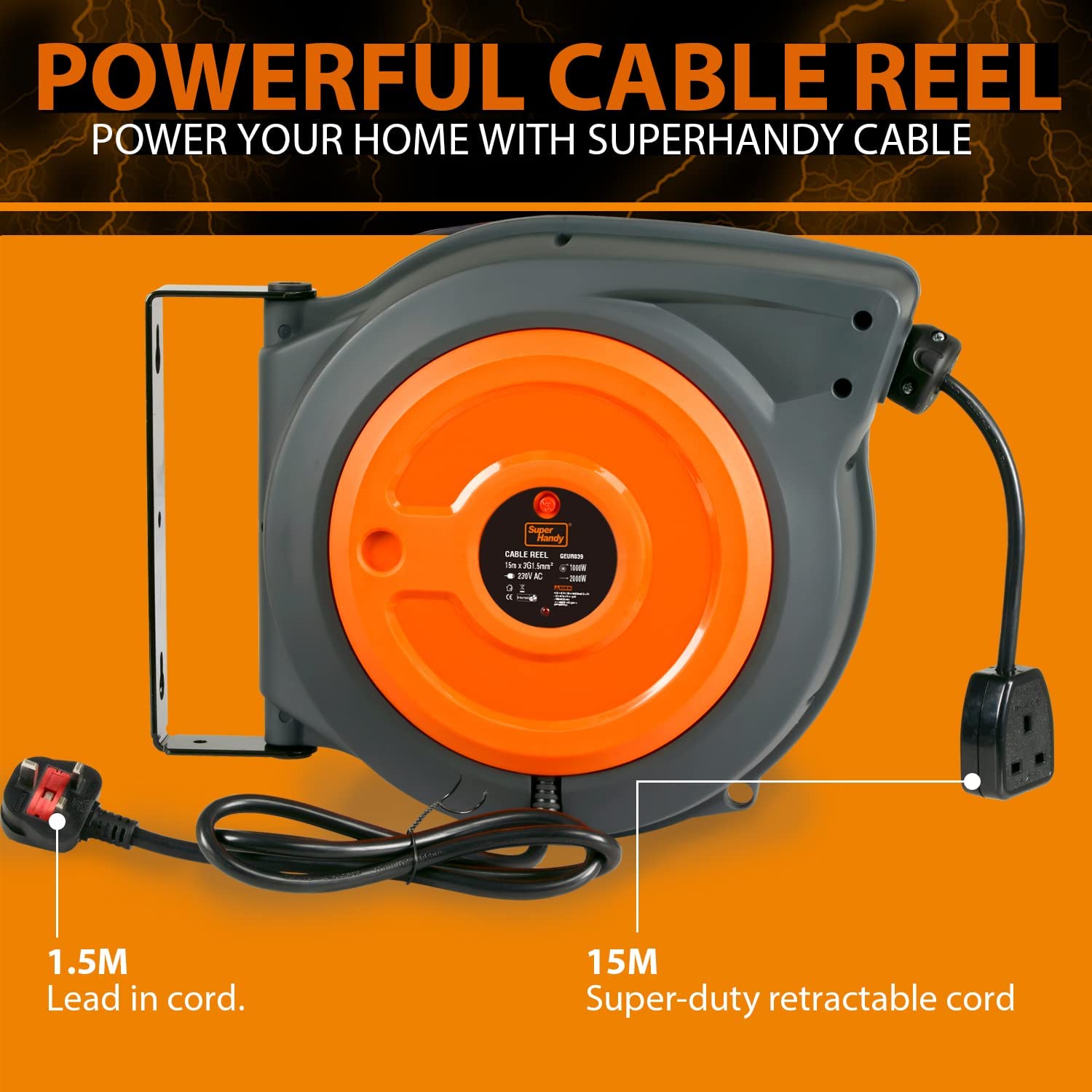 SuperHandy 15m Retractable Extension Cord Reel with Ultra-Flexible Cable for Heavy-Duty Industrial Use