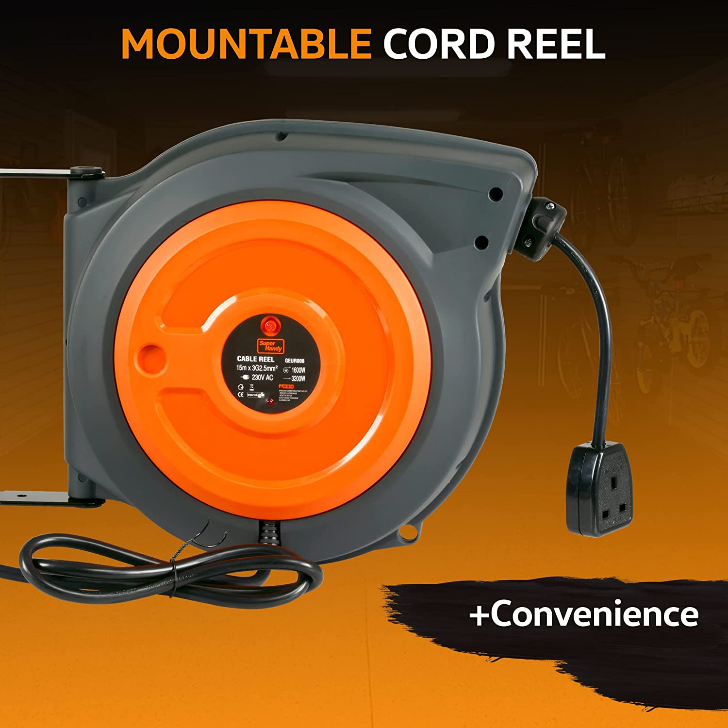 SuperHandy Cord Reel Retractable Extension Extra Long 15m (50ft) x 3G2.5mm²  H05VV-F 3200W Max Industrial Polypropylene Ultra Heavy Duty Commercial